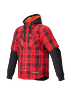 Alpinestars MO.ST.EQ Tartan Hemd, Urban-Motorradjacke für Herren, Rot und Schwarz kariert, CE-zertifizierte Nucleon Flex Plus Protektoren, integrierte Kapuze mit orangefarbenem Innenfutter, Kurzarm-Optik mit langen schwarzen Ärmeln.