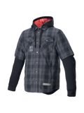 Alpinestars MO.ST.EQ Tartan Hemd, urbanes Motorradhemd, Grau und Schwarz, mit Protektoren und rot gefütterter Kapuze.