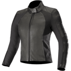 Alpinestars Stella Vika V2 Lederjacke, Damen-Motorradjacke, Schwarz, elegante figurbetonte Passform mit hohem Kragen und Frontreißverschluss, Kombination aus Glattleder und matten Aramid-Stretcheinsätzen an den Seiten, Reißverschlüsse an den Ärmelbündchen, minimalistisches Design für den Straßeneinsatz.