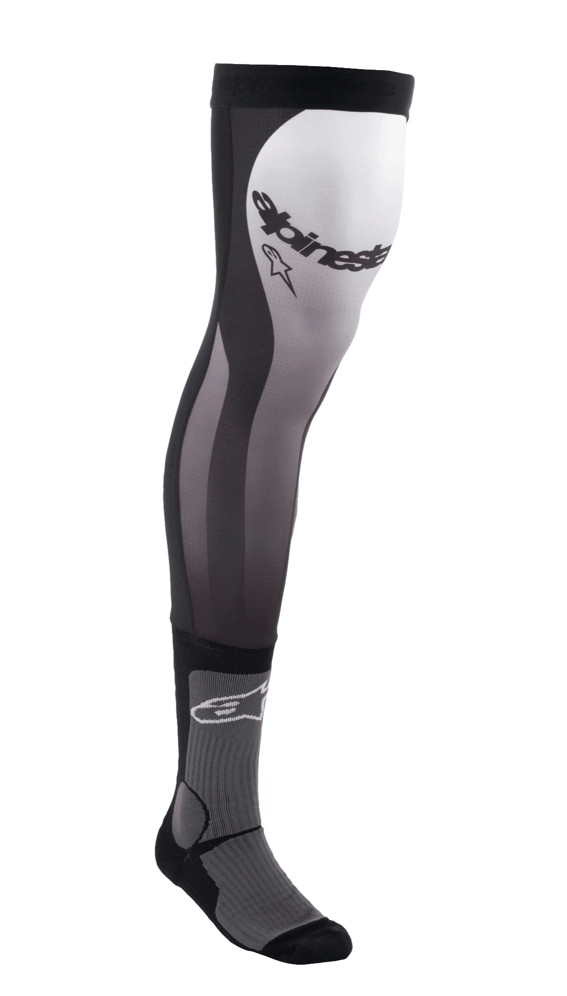 Alpinestars Knee Brace Socks, lange Motocross-Socken, Schwarz, Weiß und Grau, Überknie-Design mit Stretch-Lycra-Obermaterial, Mesh-Einsätzen, gerippter Knöchelpolsterung und Alpinestars-Branding am Oberschenkel