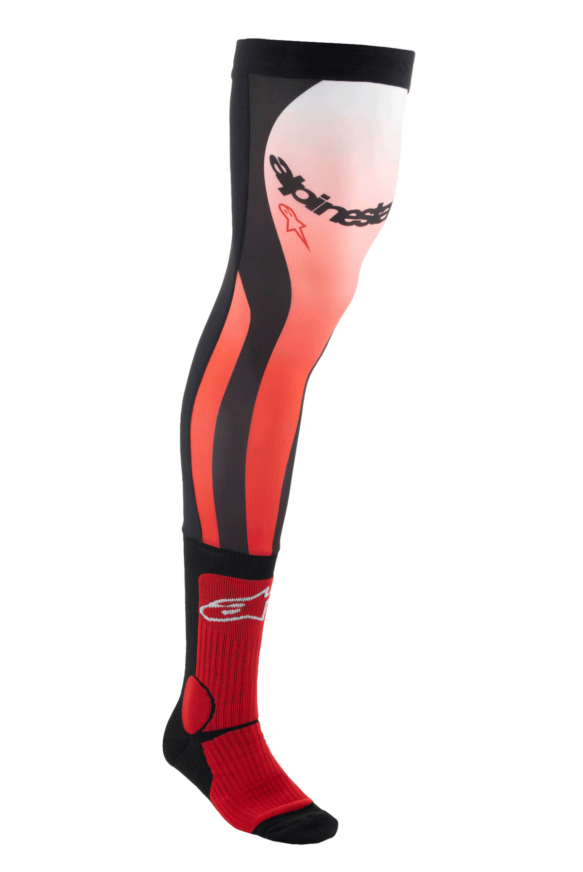 Alpinestars Knee Brace Socken, lange Motocross-Socken, leuchtendes Rot, Weiß und Schwarz, kniehohes technisches Design mit Farbverlauf und markantem Branding, gerippte Textur für sicheren Sitz, speziell entwickelt für die Verwendung mit Offroad-Stiefeln und Knieorthesen