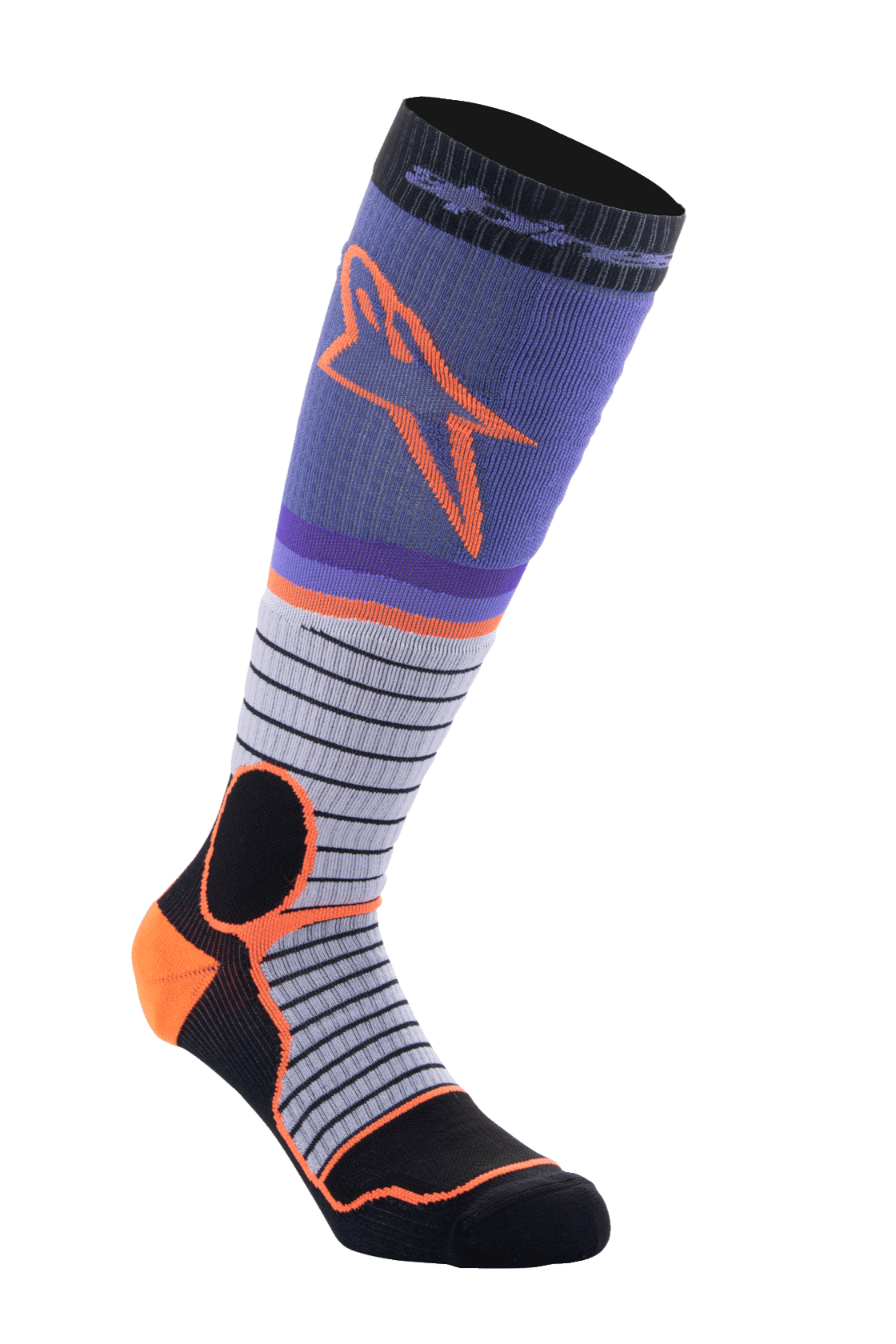 Alpinestars MX Pro Socken V2, Motocross-Kniestrümpfe, Schwarz, Grau, Lila und Orange, Gerippte Konstruktion, Horizontales Streifendesign, Performance-Fahrausrüstung
