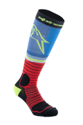 Alpinestars MX Pro Socken V2, Motocross-Kniestrümpfe, Schwarz, Rot und Hellblau, geripptes athletisches Design mit gelbem Stern-Logo, feuchtigkeitsableitendes Funktionsmaterial für den Offroad-Rennsport