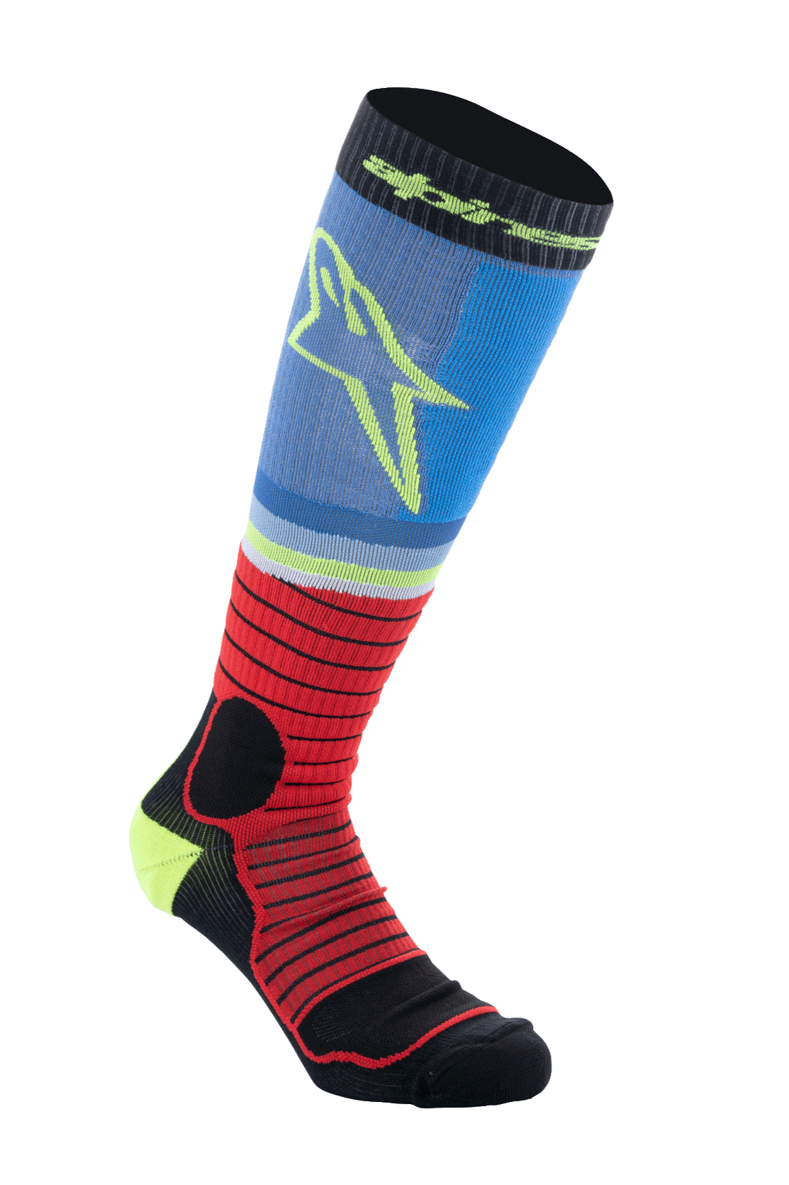Alpinestars MX Pro Socken V2, Motocross-Kniestrümpfe, Schwarz, Rot und Hellblau, geripptes athletisches Design mit gelbem Stern-Logo, feuchtigkeitsableitendes Funktionsmaterial für den Offroad-Rennsport