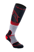 Alpinestars MX Pro Socken V2, kniehohe Motocross-Socken, Schwarz, Grau und Rot, mit rotem Astar-Logo an der Wade, grauem Mittelteil mit dünnen schwarzen horizontalen Streifen und verstärkter roter Polsterung an Ferse und Knöchel, feuchtigkeitsableitende Performance-Socken für das Offroad-Fahren.