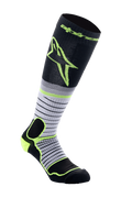 Alpinestars MX Pro Socken V2, Motocross-Socken, Schwarz, Grau und Gelb Fluo, kniehoch mit horizontalem Streifendesign und großem gelbem Logo, mit verstärkter Polsterung für Offroad-Motorradstiefel