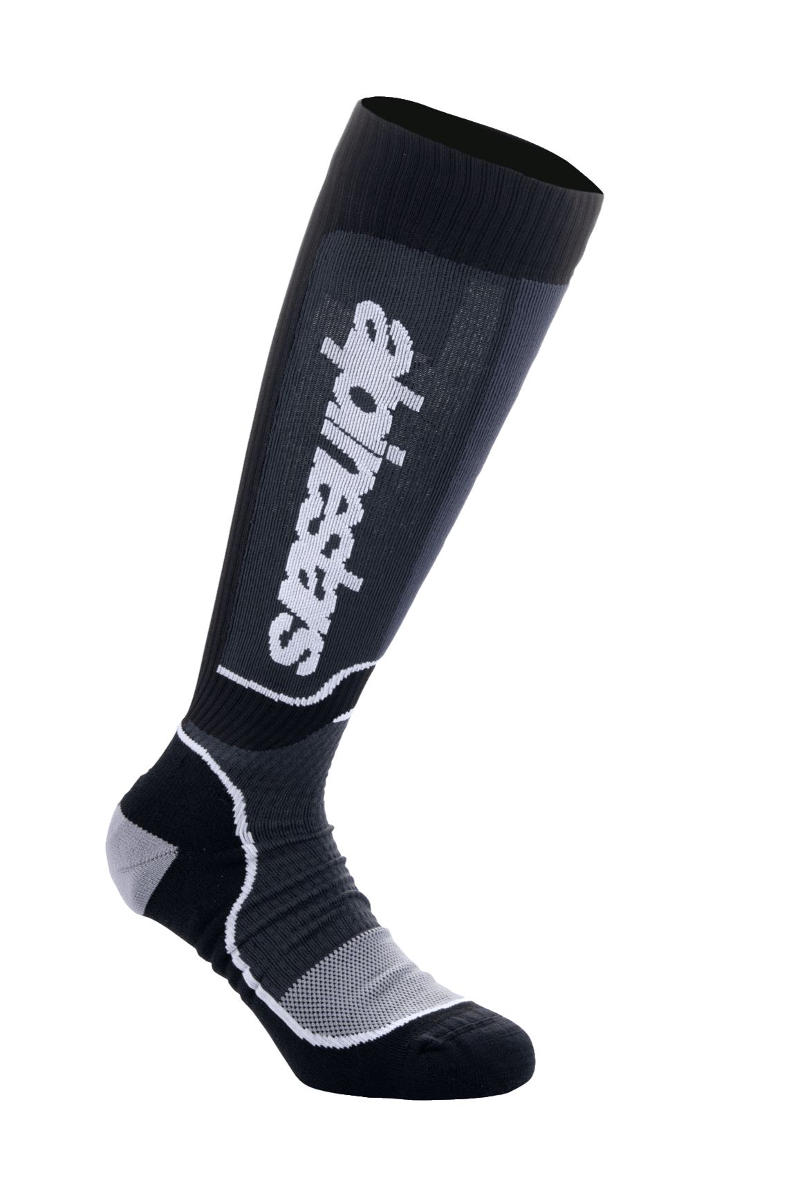 Alpinestars MX Plus Socken, Motocross-Kniestrümpfe, Schwarz und Grau, weißes Logo, mit gerippter Wadenunterstützung, verstärkter Ferse und Zehenbereich und atmungsaktivem Mesh-Fußbereich, technisches Performance-Design für Offroad-Stiefel