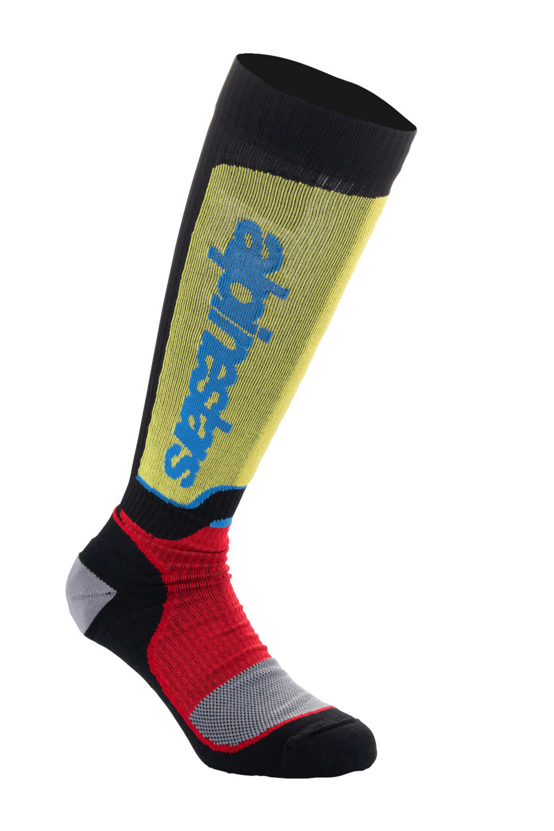 Alpinestars MX Plus Socken, Motocross-Socken, Schwarz, Gelb und Rot mit blauem Branding, knielanges Design mit Rippenstruktur und verstärkter grauer Polsterung, technische Offroad-Performance-Socken