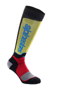Alpinestars MX Plus Socken, Motocross-Socken, Schwarz, Gelb und Rot mit blauem Branding, knielanges Design mit Rippenstruktur und verstärkter grauer Polsterung, technische Offroad-Performance-Socken