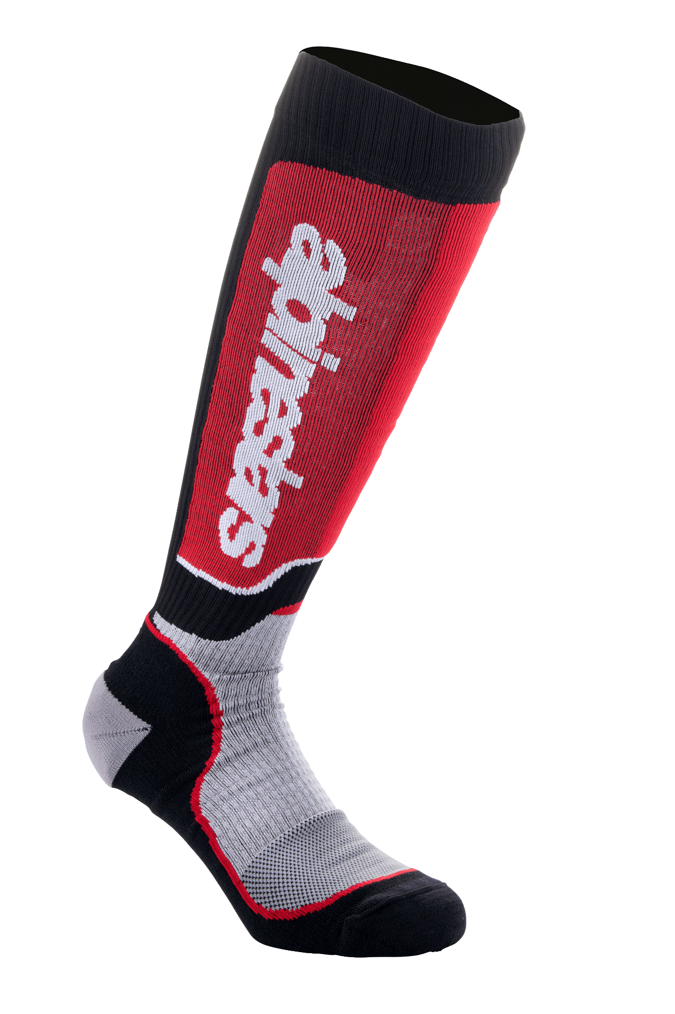 Alpinestars MX Plus Socken, Motocross-Kniestrümpfe, Schwarz, Grau und Rot, mit vertikalem weißem Alpinestars-Schriftzug auf rotem Wadenpanel, geripptes Funktionsgewebe und verstärkte Fersen- und Zehenpartie.