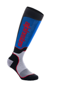 Alpinestars MX Plus Socken, Motocross-Socken, Schwarz, Königsblau und Grau, mit rotem Alpinestars-Branding, gerippte Textur für Dehnbarkeit, Mesh-Belüftungszonen und verstärkte Polsterung für Offroad-Komfort