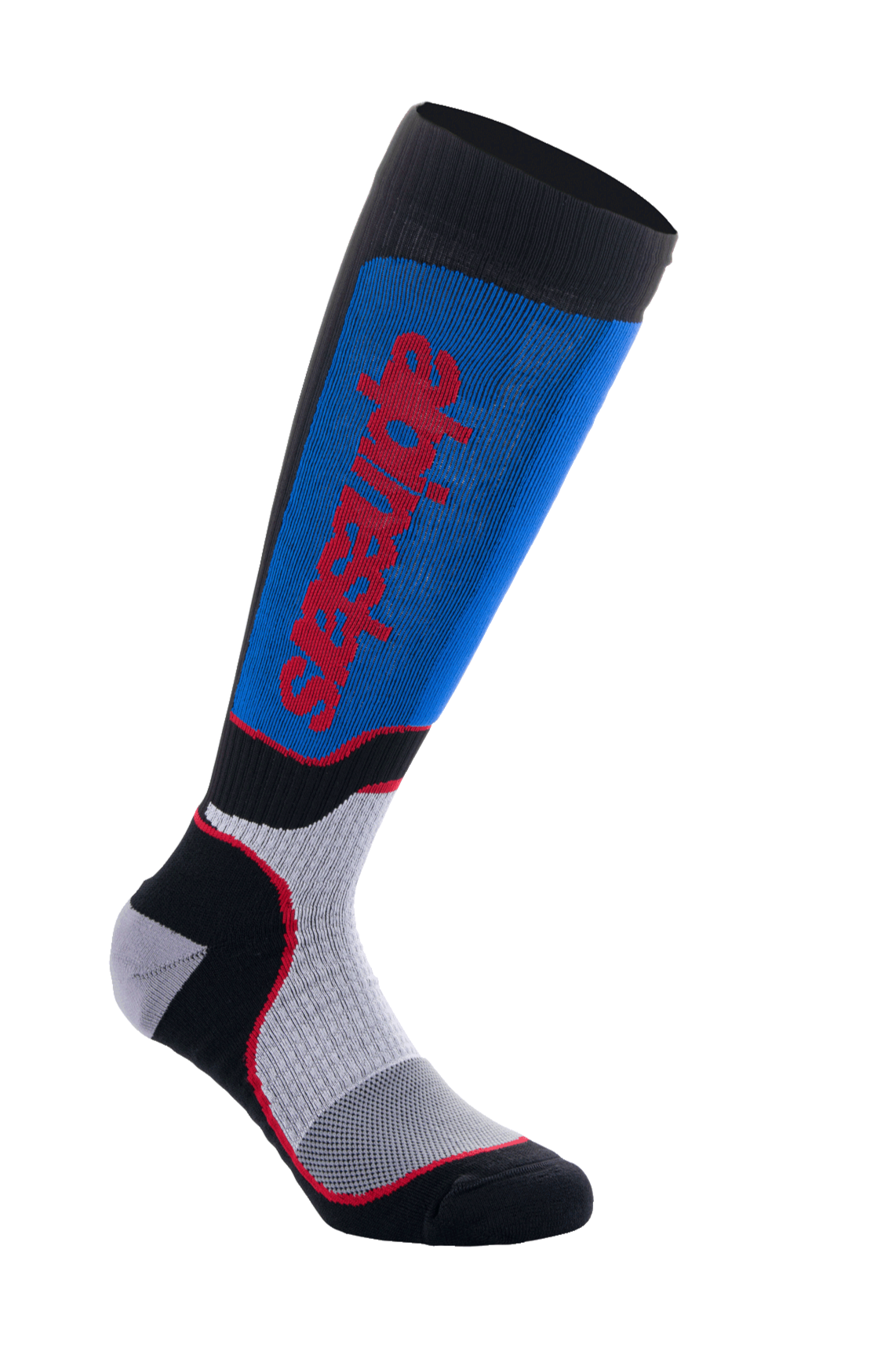 Alpinestars MX Plus Socken, Motocross-Socken, Schwarz, Königsblau und Grau, mit rotem Alpinestars-Branding, gerippte Textur für Dehnbarkeit, Mesh-Belüftungszonen und verstärkte Polsterung für Offroad-Komfort