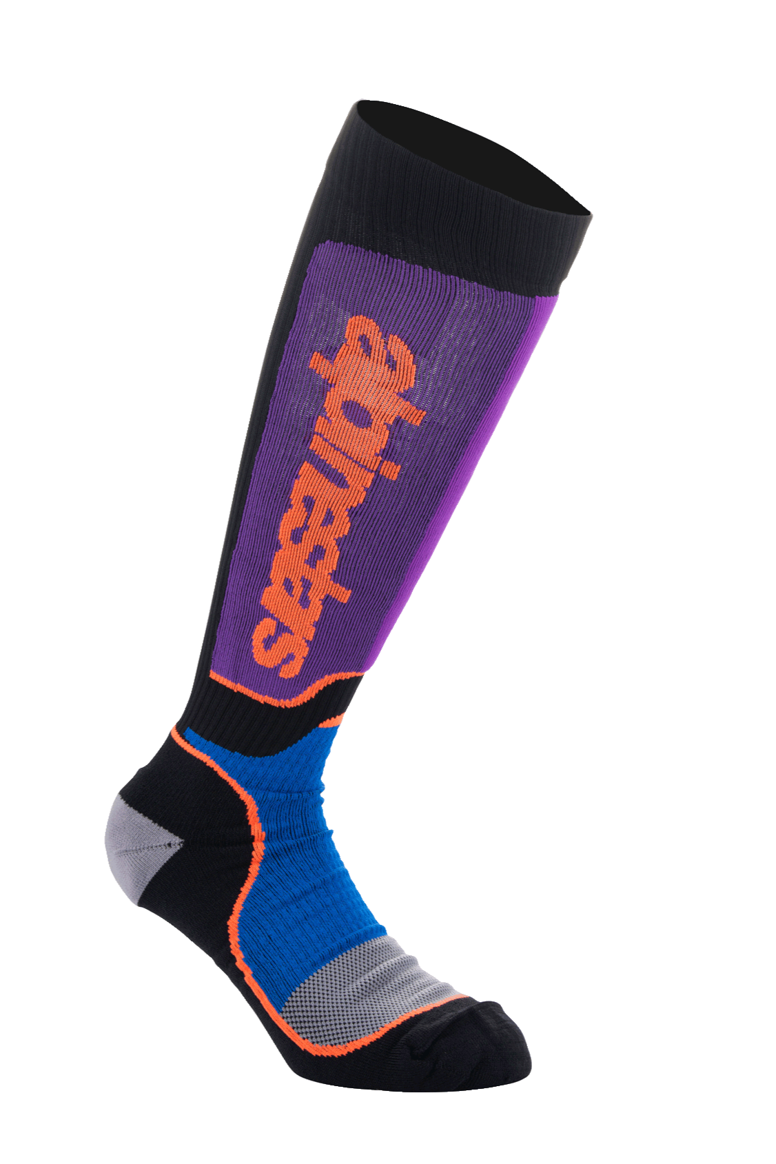 Alpinestars MX Plus Socken, Motocross-Kniestrümpfe, Schwarz, Royalblau und Lila, mit lila geripptem Beinbereich und vertikalem orangefarbenem Alpinestars-Logo, royalblauen Mesh-Einsätzen am Knöchel mit orangefarbenen Akzenten und einem grau-schwarz verstärkten Fußbereich, Performance-Offroad-Fahrausrüstung