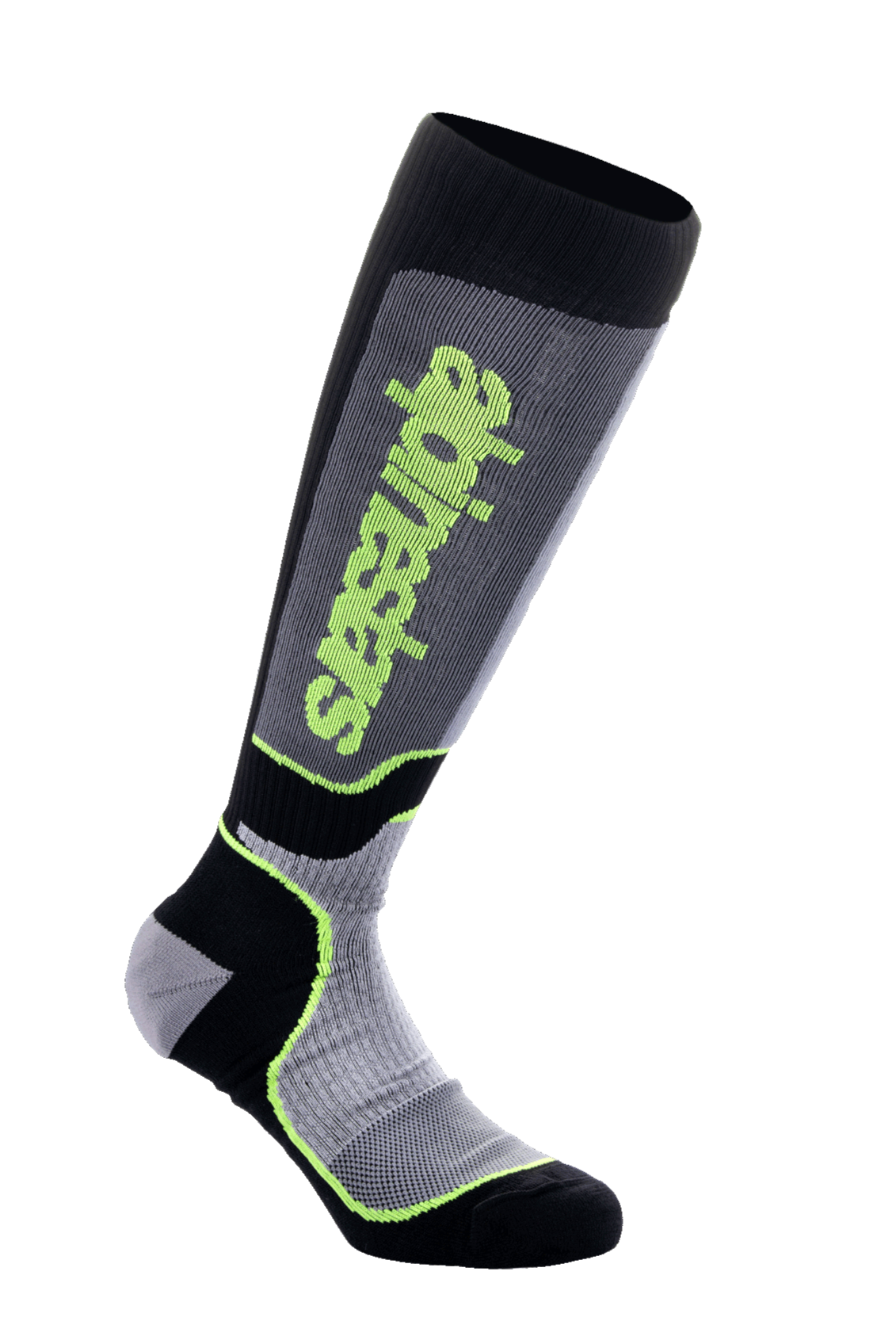 Alpinestars MX Plus Socken, Motocross-Kniestrümpfe, Schwarz, Grau und Gelb Fluo, mit vertikalem Alpinestars-Schriftzug, Ripp- und Mesh-Strukturen, technische Performance-Fahrausrüstung