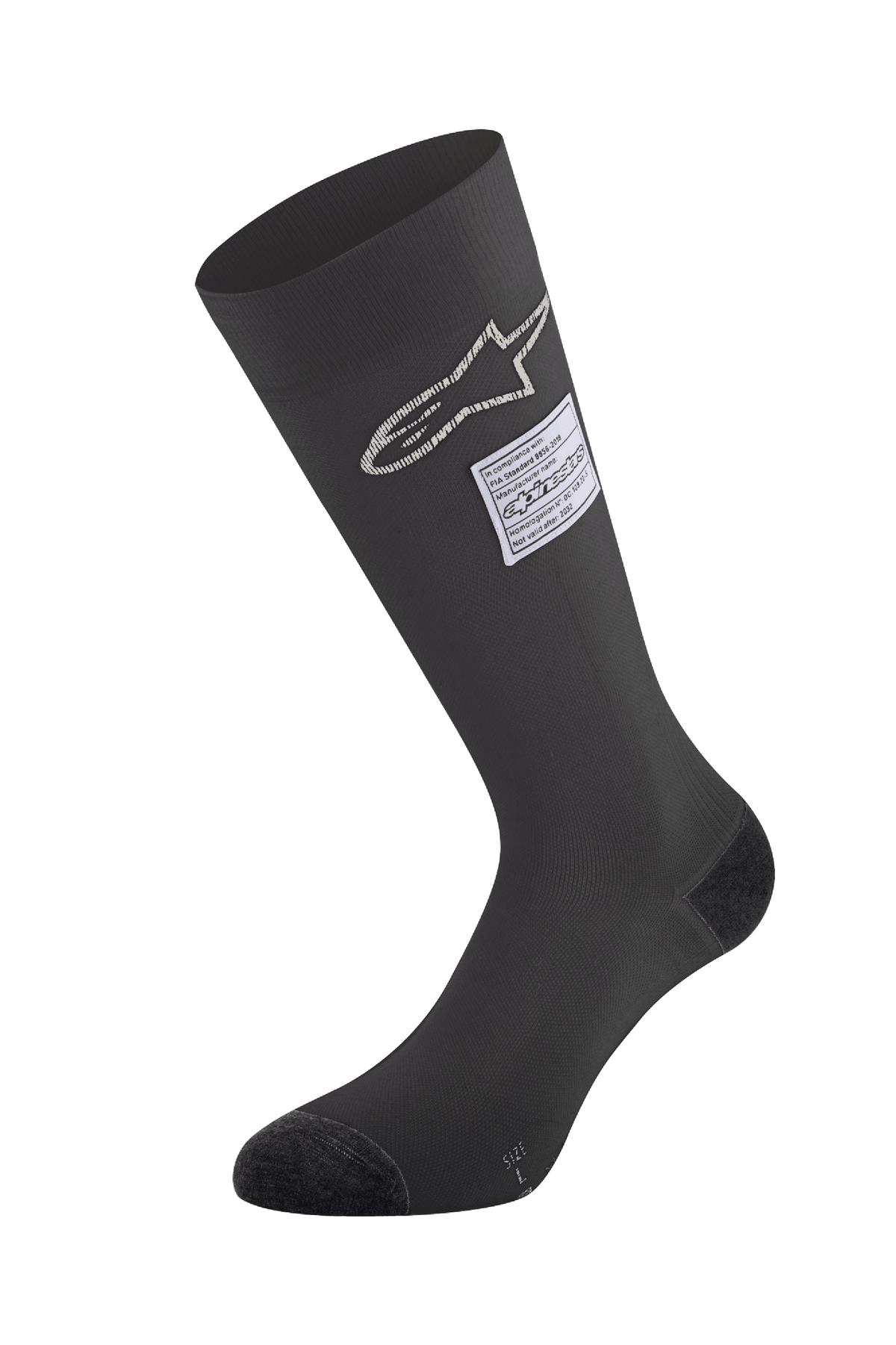 Alpinestars ZX V4 Socken, schwarze Auto-Rennsocken, mit weißem Stern-Logo und FIA-Zertifizierungsetikett, kniehohes nahtloses Design mit verstärktem Zehen- und Fersenbereich, feuerhemmende Basisschicht für den Motorsport