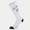 Alpinestars ZX V4 Socken, Rennsport-Socken, Weiß mit schwarzen Akzenten an Ferse und Zehen, schwarzes Alpinestars-Logo und FIA-Konformitätslabel, nahtlose technische Basisschicht für den Motorsport