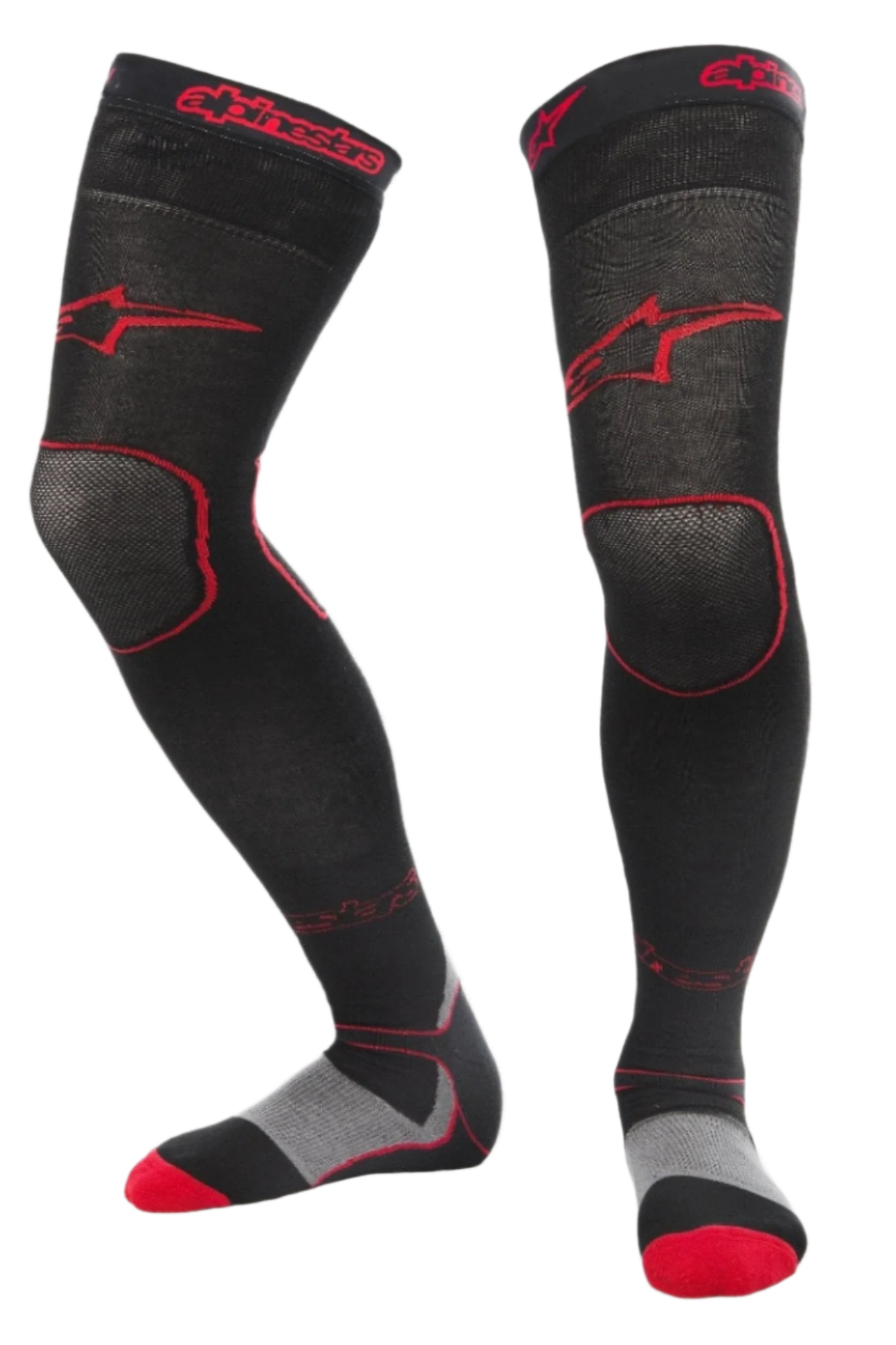 Alpinestars MX Long Tech Thick Socks, Motocross Riding Socks, Black and Red, mid-thigh length with red branding, grey and red sole details, technical fabric designed for off-road racing and dirt bike boots