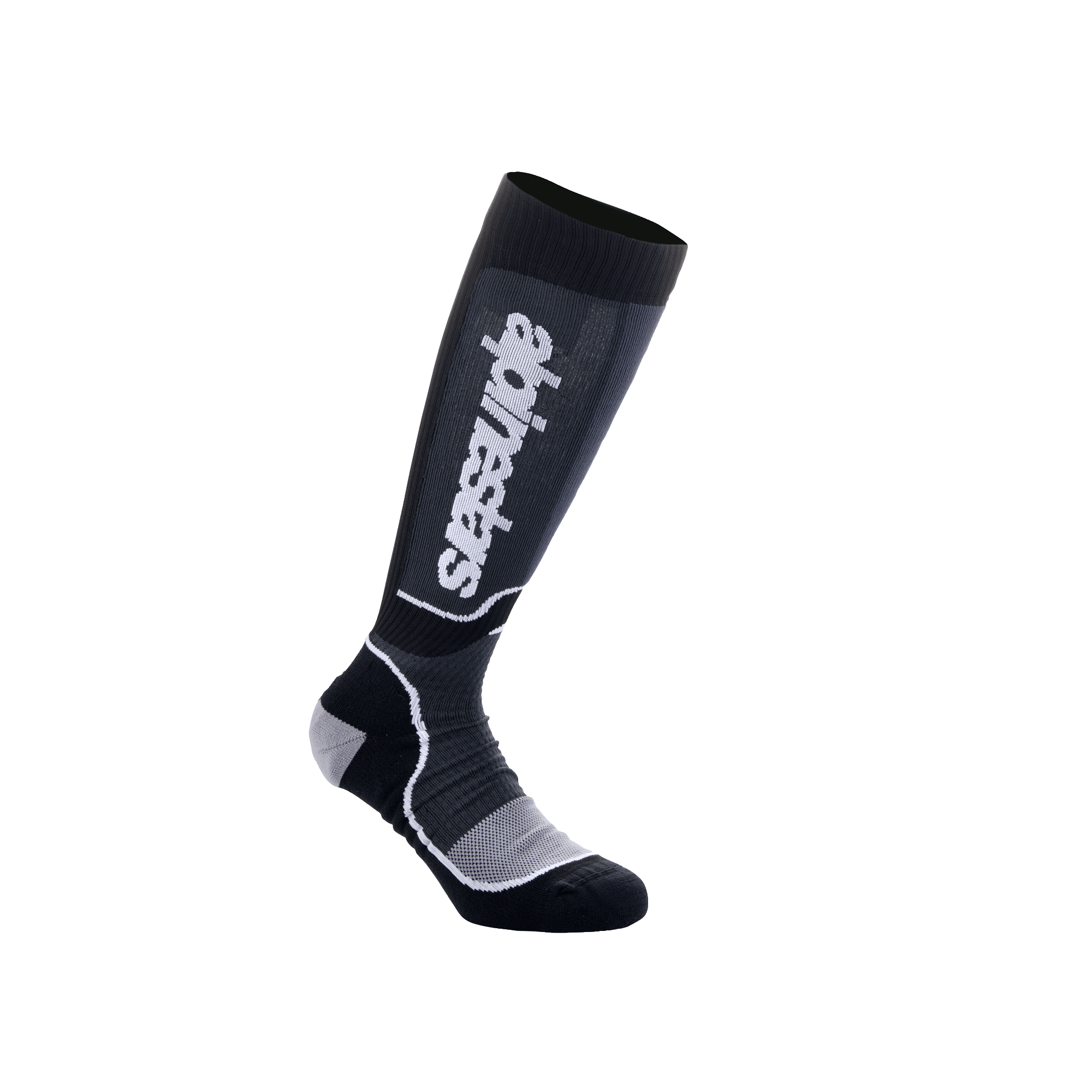 Alpinestars Youth MX Plus Socken, Motocross-Kniestrümpfe für Jugendliche, Schwarz und Grau, weißes Alpinestars-Branding, gerippte Textur mit verstärktem Fersen- und Zehenbereich, atmungsaktive einlagige Konstruktion für Offroad-Performance