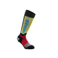 Alpinestars Youth MX Plus Socken, Motocross-Socken, Schwarz mit gelben, roten und hellblauen Akzenten, knielang, mit Rippenkonstruktion und vertikalem Alpinestars-Branding am Schienbein