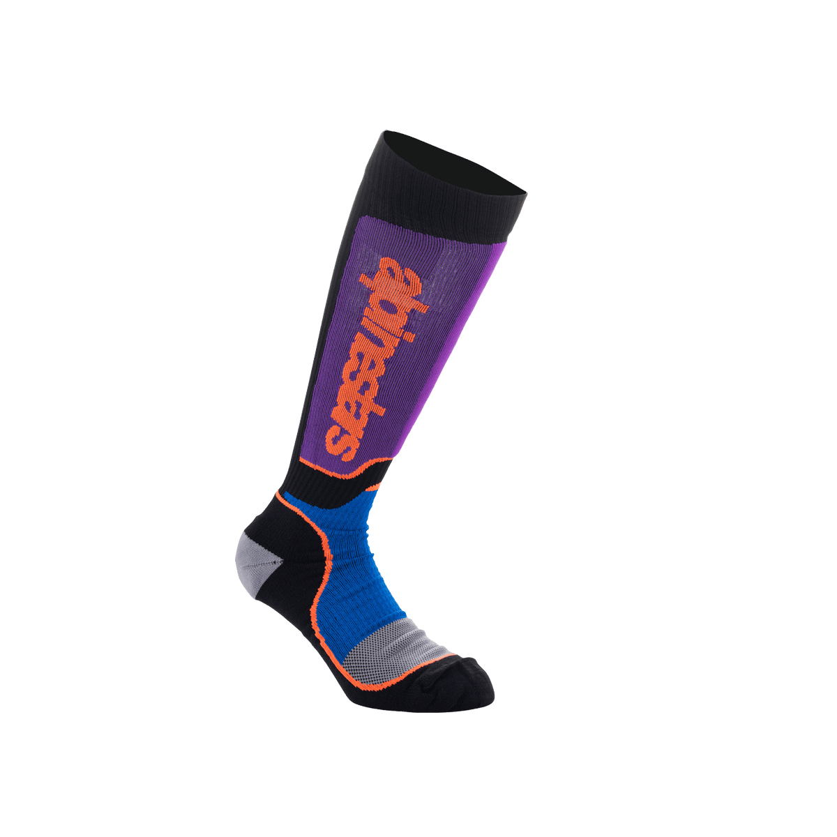 Alpinestars Youth MX Plus Socken, kniehohe Motocross-Socken, Schwarz, Königsblau und Lila mit orangefarbenem Branding, Rippenkonstruktion, verstärkte Ferse und Zehe für den Offroad-Einsatz