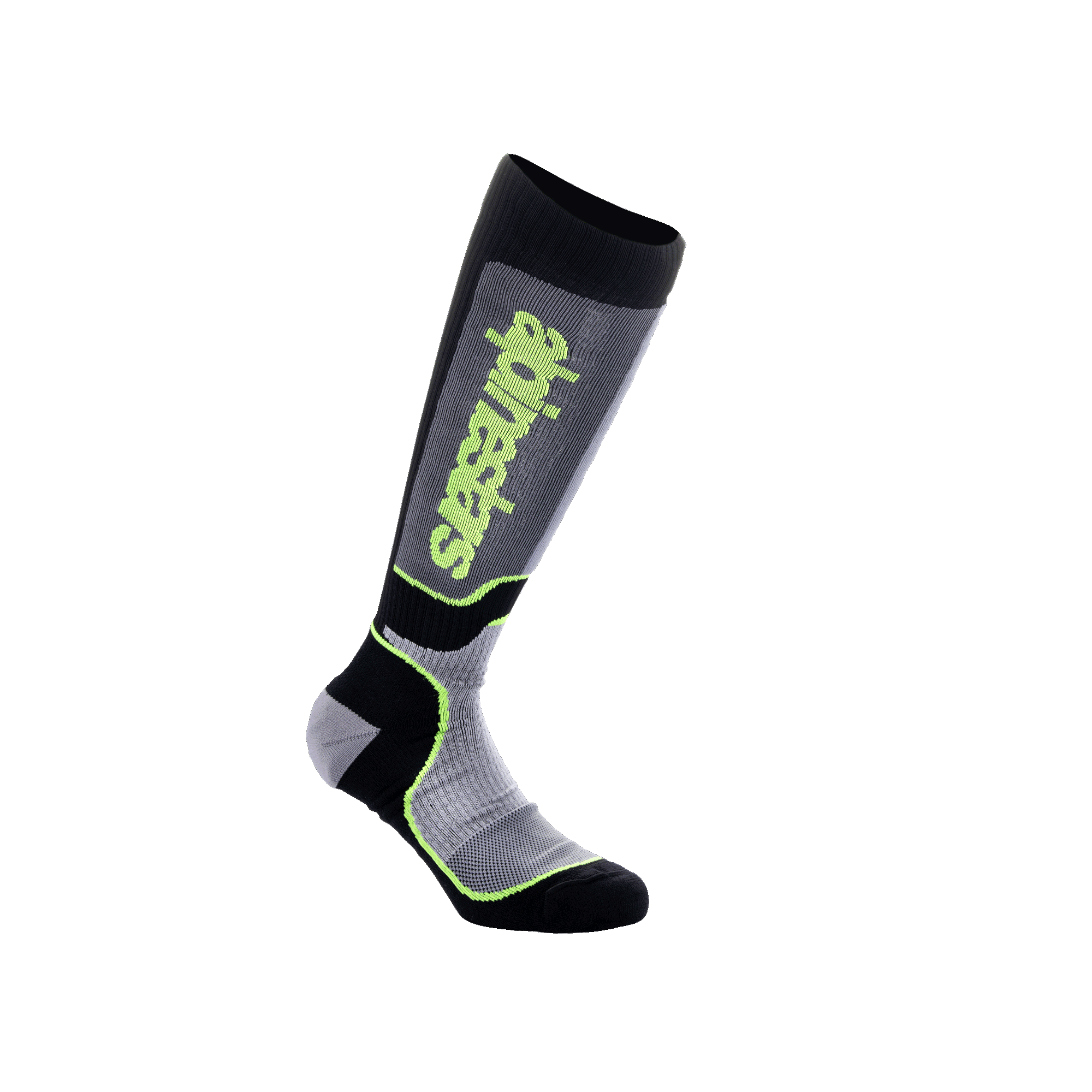 Alpinestars Youth MX Plus Socken, Motocross-Socken für Jugendliche, Schwarz, Grau und Gelb Fluo, kniehohes Performance-Design mit Rippenkonstruktion und Alpinestars-Logo, für Offroad-Motorradrennen