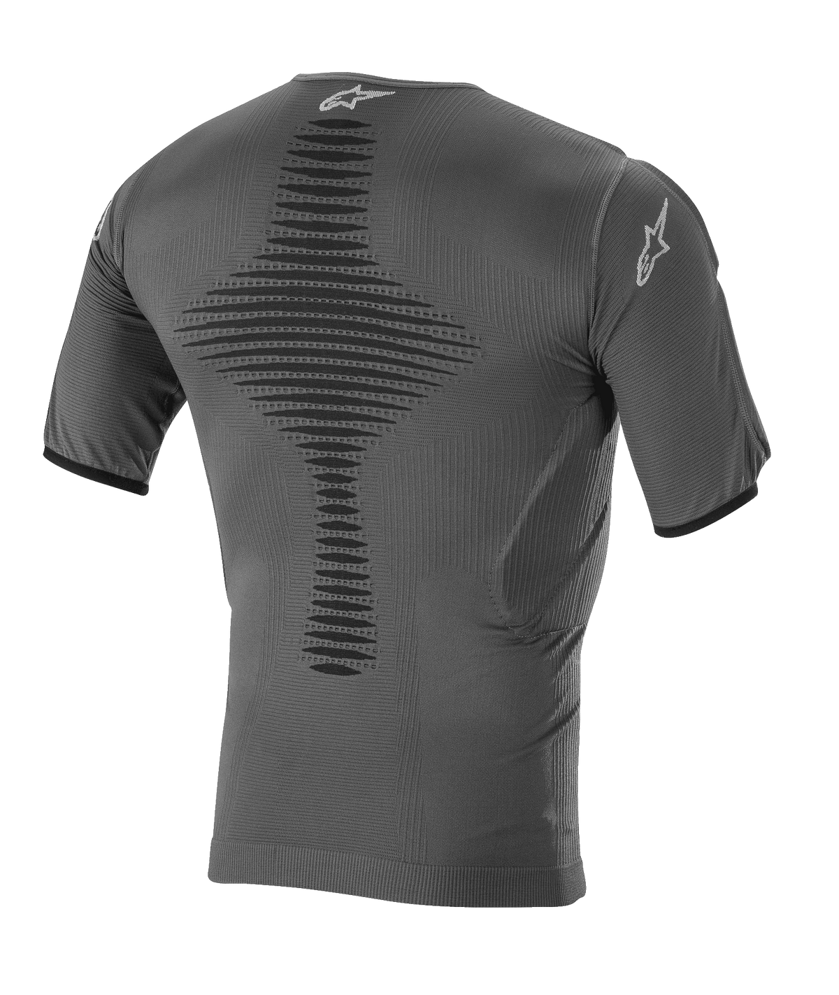 Alpinestars Roost Base Layer Top, Motocross-Basisschicht, Anthrazit-Schwarz, Rückansicht mit gestrickter atmungsaktiver Konstruktion, strukturierter zentraler Belüftungszone, kurzen Ärmeln und Alpinestars Stern-Logo am Kragen und Ärmel