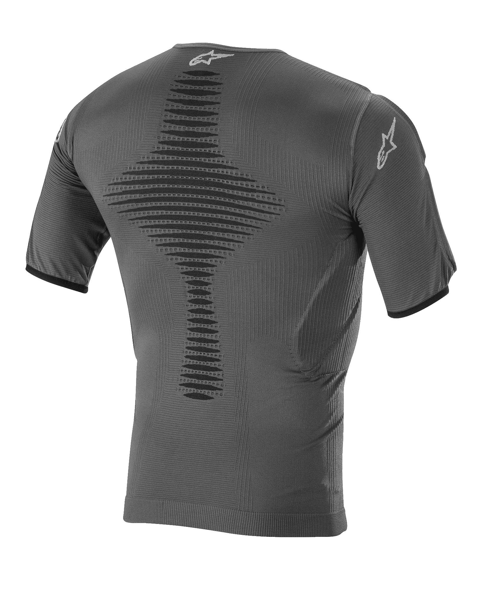 Alpinestars Roost Base Layer Top, Motocross-Basisschicht, Anthrazit-Schwarz, Rückansicht mit gestrickter atmungsaktiver Konstruktion, strukturierter zentraler Belüftungszone, kurzen Ärmeln und Alpinestars Stern-Logo am Kragen und Ärmel