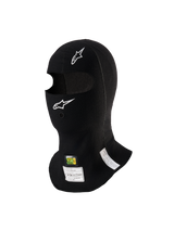Alpinestars ZX Evo V3 Balaclava, Black, flame-resistant auto racing head sock, featuring white Alpinestars logos, hydration tube port, and FIA/SFI homologation tags, lightweight and ergonomic design for motorsport use