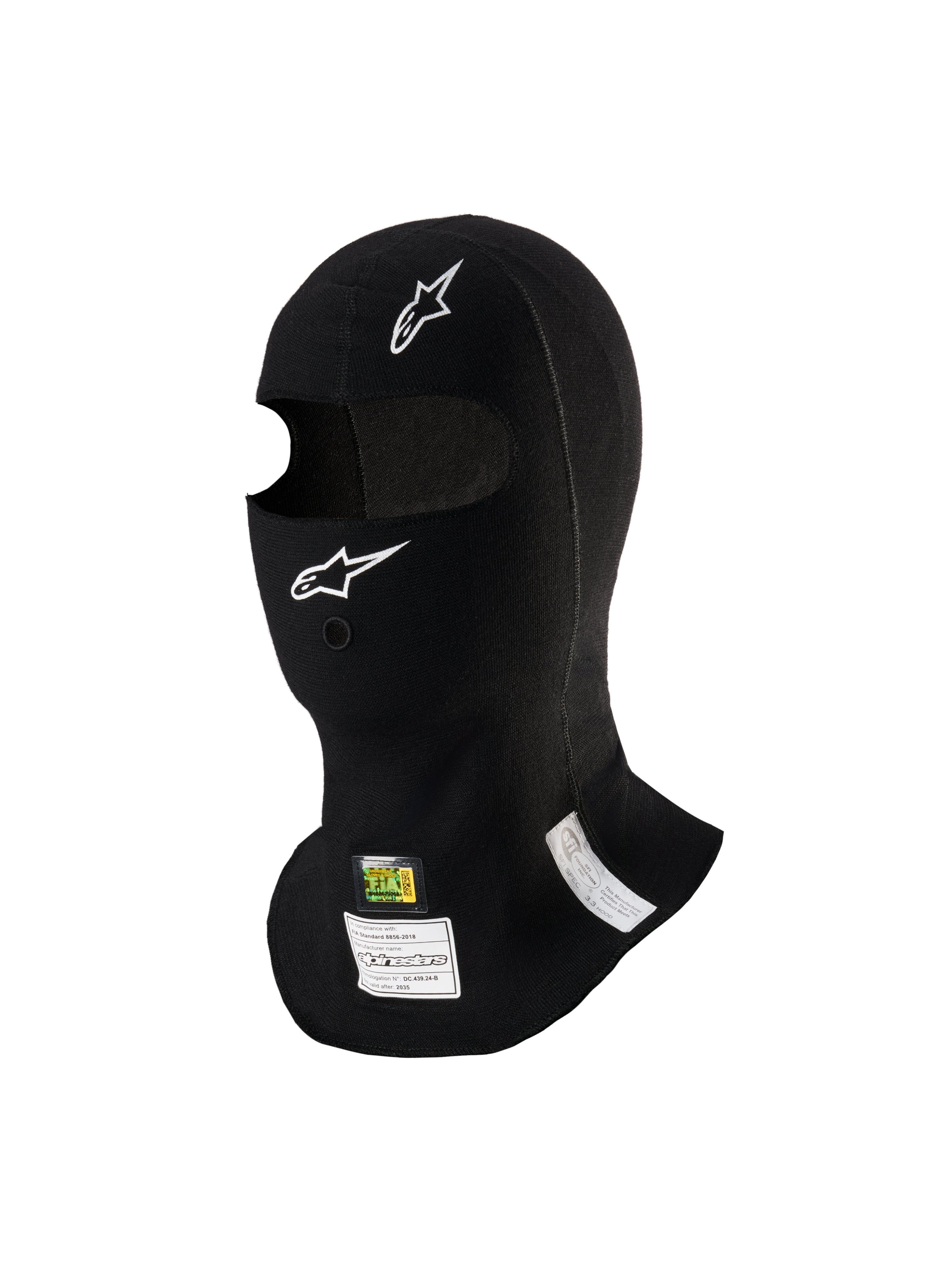 Alpinestars ZX Evo V3 Balaclava, Black, flame-resistant auto racing head sock, featuring white Alpinestars logos, hydration tube port, and FIA/SFI homologation tags, lightweight and ergonomic design for motorsport use
