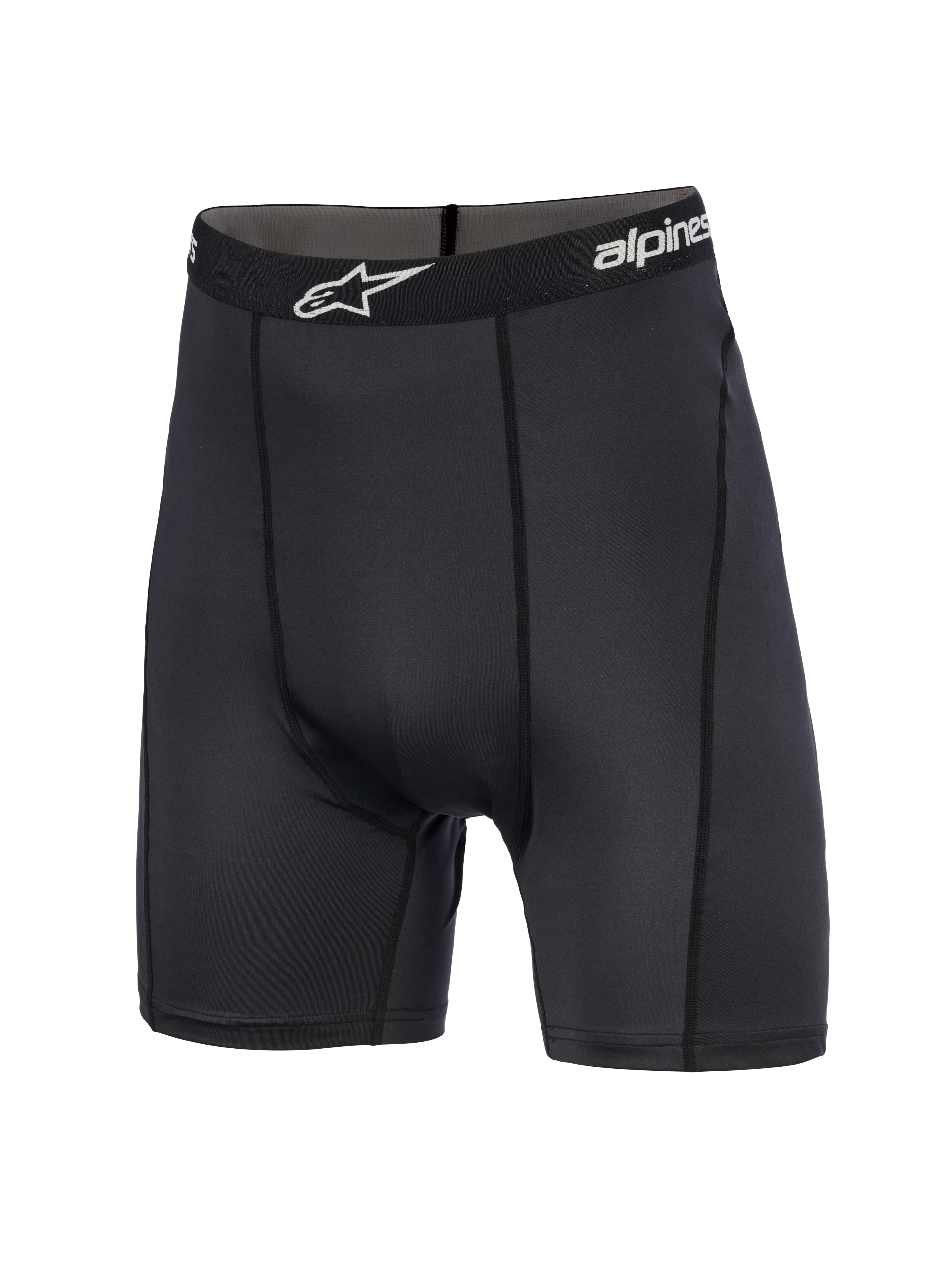 Alpinestars MX Boxer, Motocross-Base-Layer-Shorts, Schwarz, mittellange Passform mit elastischem Logo-Bund und weißem Stern-Logo, sportlicher Schnitt mit vertikalen Nähten