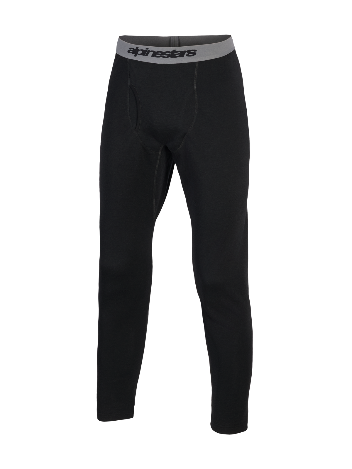 Alpinestars At 8 Merino Bottom Unterzieher, lange Basisschicht, Schwarz mit grauem elastischem Bund und Alpinestars-Schriftzug, Merinowolle und Polyester-Thermokonstruktion.