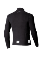 Alpinestars ZX Evo V3 Langarm-Top, schwarze Auto-Rennsport-Funktionsunterwäsche, Rückansicht mit einem kleinen grauen Logo am Nacken und weißen FIA/SFI-Zertifizierungslabels am unteren Saum, leichtes flammhemmendes Design.
