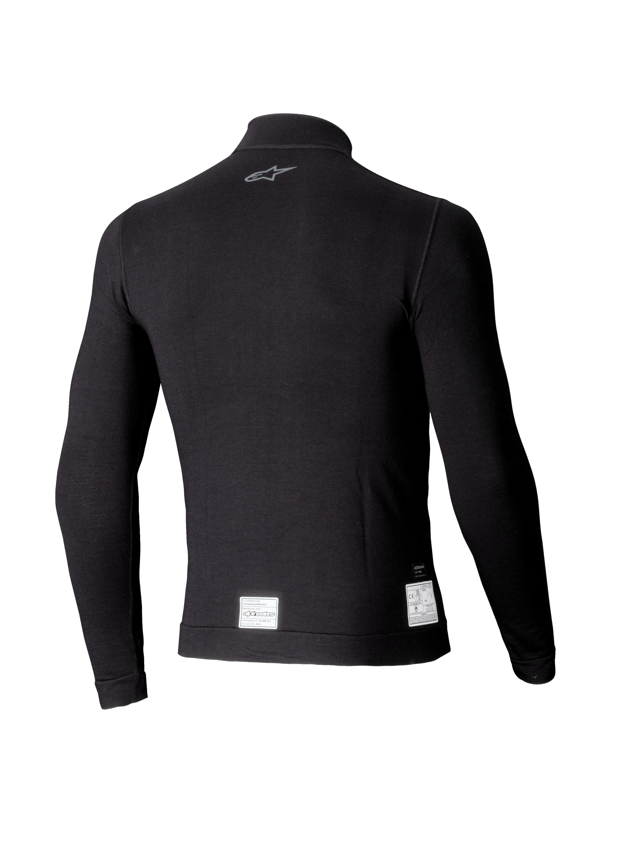 Alpinestars ZX Evo V3 Long Sleeve Top, Black Auto Racing Base Layer, back view featuring a small gray logo on the neck and white FIA/SFI certification labels at the bottom hem, lightweight flame-resistant design.