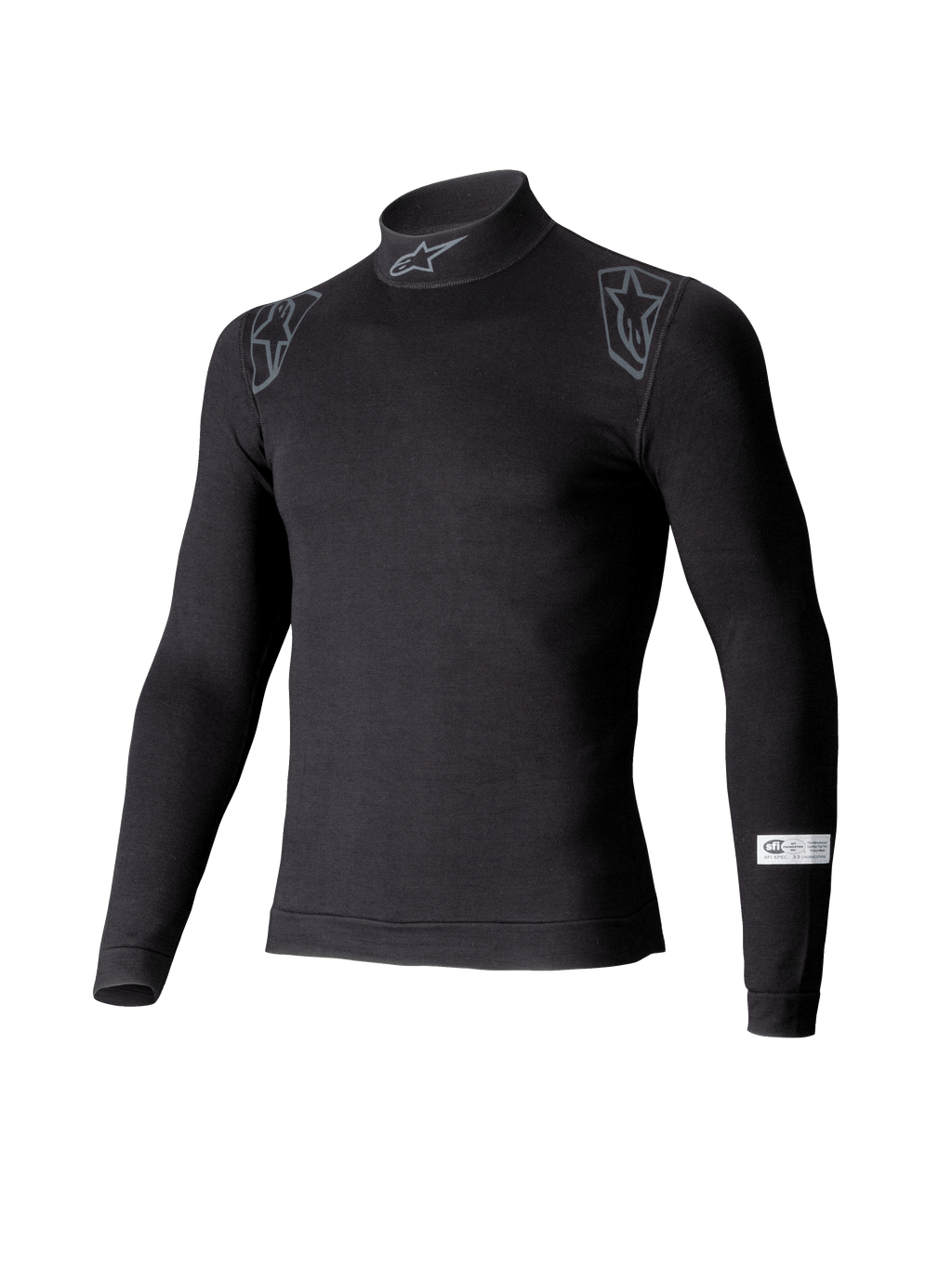 Alpinestars ZX Evo V3 Top, Langarm-Motorsport-Base-Layer, Schwarz, mit Stehkragen, Alpinestars-Logo, Schultergrafiken und SFI-Zertifizierungsetikett am Ärmel, professionelle feuerfeste Motorsport-Unterwäsche