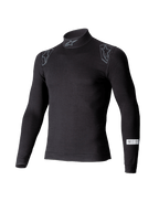 Alpinestars ZX Evo V3 Top, Langarm-Motorsport-Base-Layer, Schwarz, mit Stehkragen, Alpinestars-Logo, Schultergrafiken und SFI-Zertifizierungsetikett am Ärmel, professionelle feuerfeste Motorsport-Unterwäsche