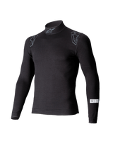 Alpinestars ZX Evo V3 Top, Long Sleeve Auto Racing Base Layer, Black, featuring mock neck with Alpinestars logo, shoulder graphics, and SFI certification tag on the sleeve, professional flame-resistant motorsport underwear