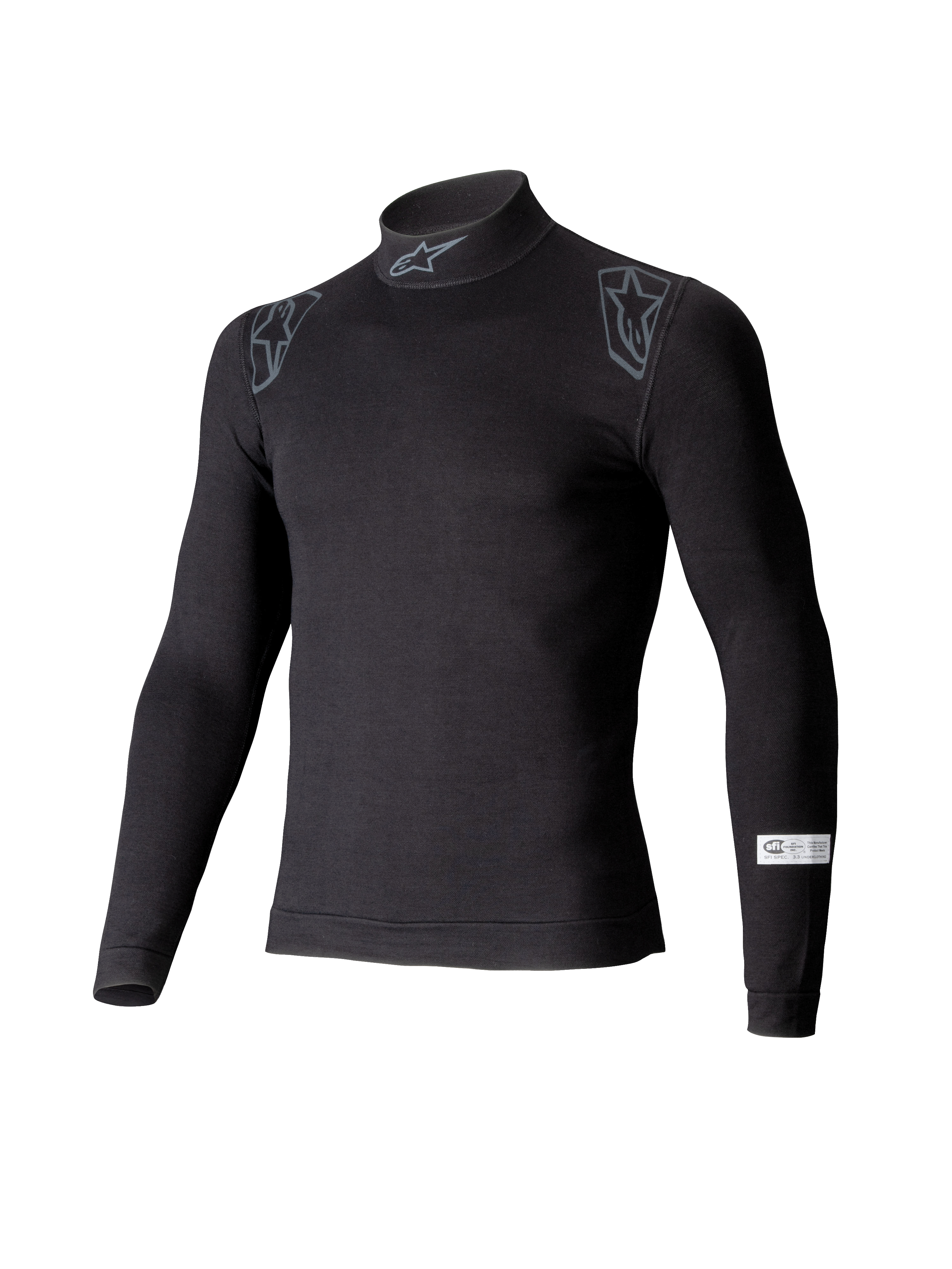 Alpinestars ZX Evo V3 Top, Langarm-Motorsport-Base-Layer, Schwarz, mit Stehkragen, Alpinestars-Logo, Schultergrafiken und SFI-Zertifizierungsetikett am Ärmel, professionelle feuerfeste Motorsport-Unterwäsche