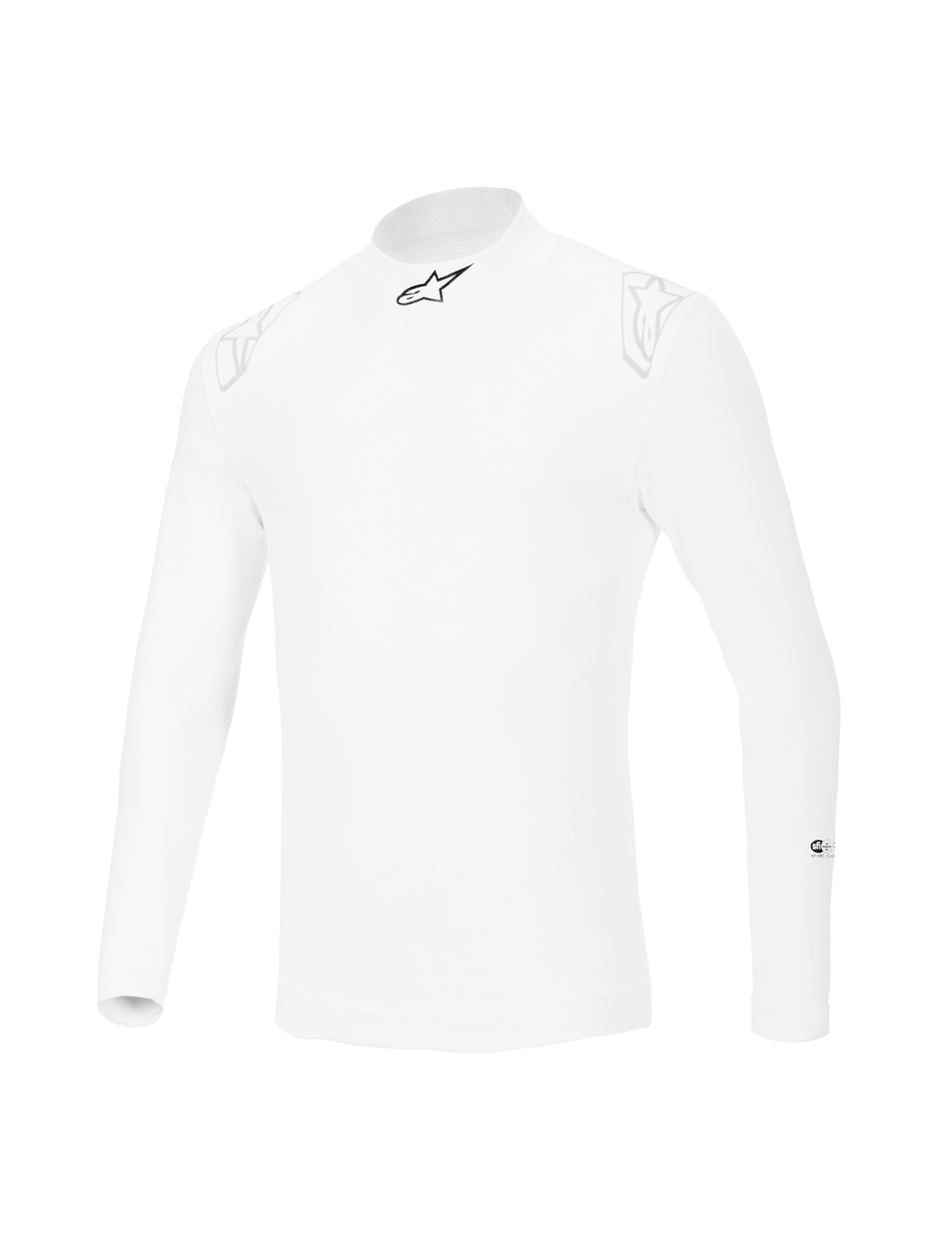 Alpinestars ZX Evo V3 Langarm-Top, weißer Auto-Rennsport Base Layer, flammhemmendes Design mit schwarzem Stern-Logo am Kragen und dezenten weißen Logos auf den Schultern, professionelle Motorsport-Ausrüstung.