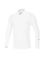 Alpinestars ZX Evo V3 Langarm-Top, weißer Auto-Rennsport Base Layer, flammhemmendes Design mit schwarzem Stern-Logo am Kragen und dezenten weißen Logos auf den Schultern, professionelle Motorsport-Ausrüstung.