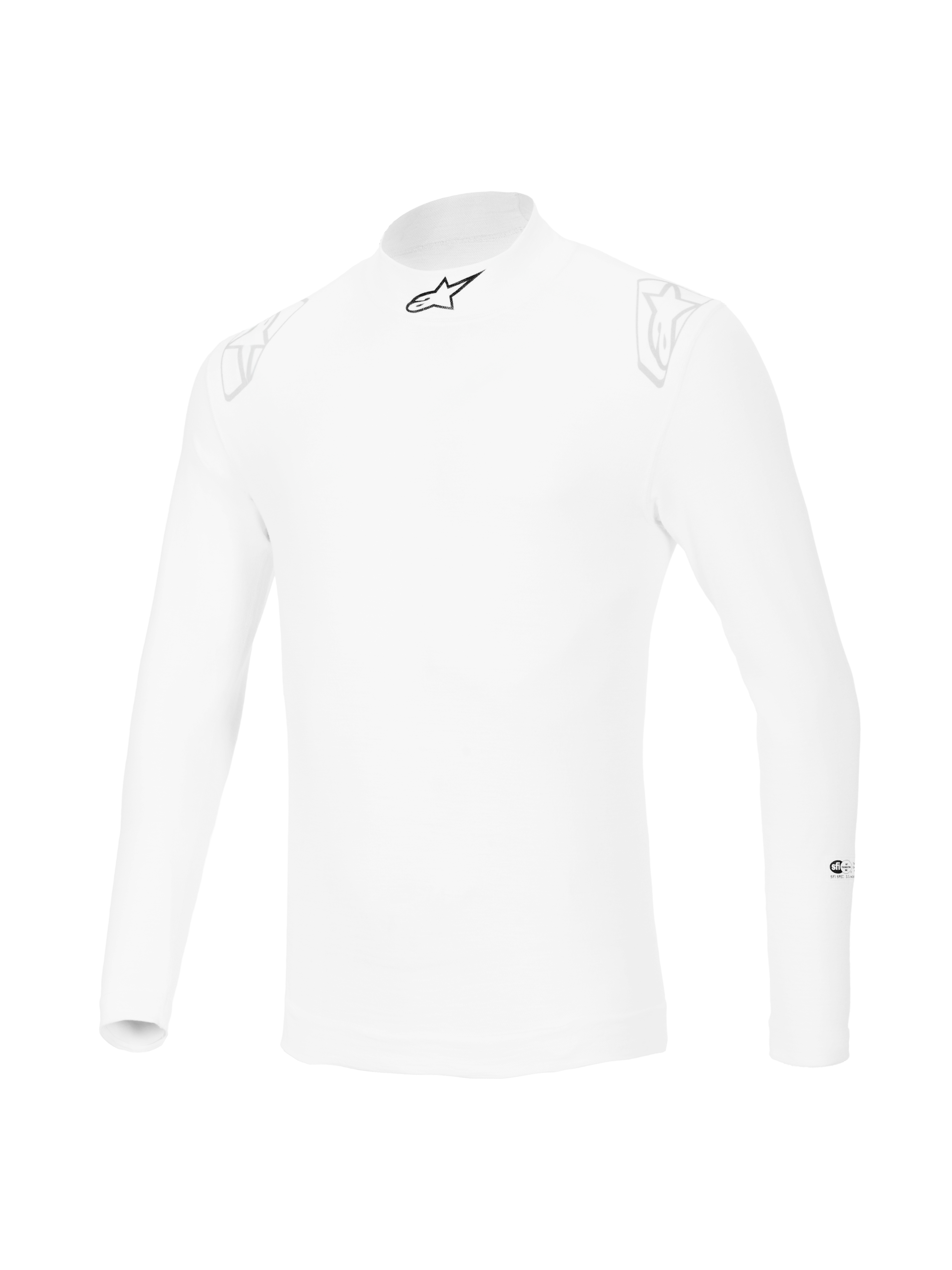 Alpinestars ZX Evo V3 Langarm-Top, weißer Auto-Rennsport Base Layer, flammhemmendes Design mit schwarzem Stern-Logo am Kragen und dezenten weißen Logos auf den Schultern, professionelle Motorsport-Ausrüstung.