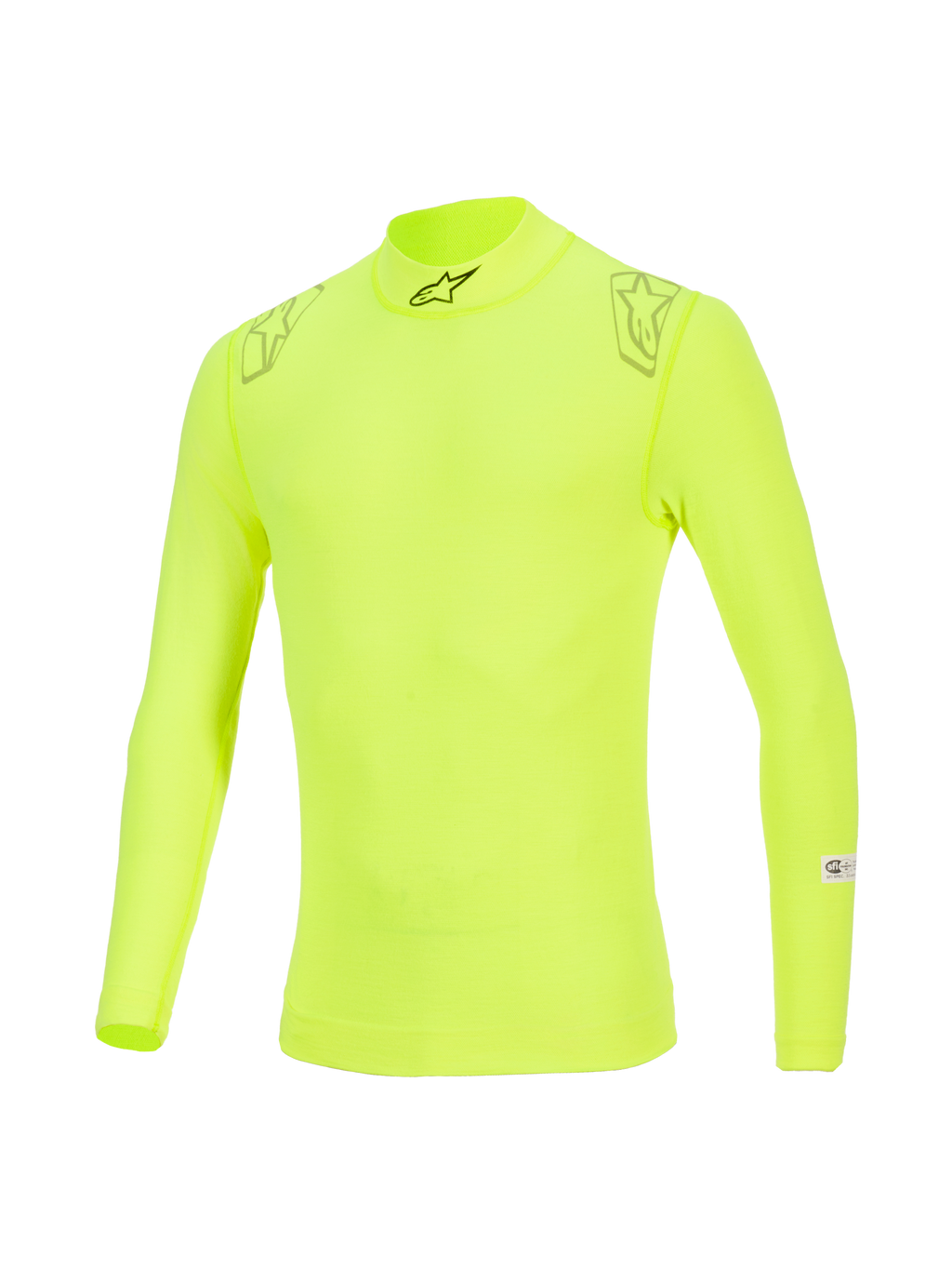 Alpinestars ZX Evo V3 Top, Langarm-Base-Layer, Gelb Fluo, hoher Kragen mit schwarzem Logo, Sternengrafiken auf den Schultern, FIA/SFI-Zertifizierungslabels am Ärmel, technische feuerfeste Motorsport-Unterwäsche
