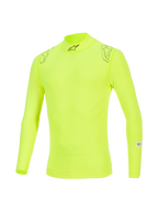 Alpinestars ZX Evo V3 Top, Langarm-Base-Layer, Gelb Fluo, hoher Kragen mit schwarzem Logo, Sternengrafiken auf den Schultern, FIA/SFI-Zertifizierungslabels am Ärmel, technische feuerfeste Motorsport-Unterwäsche