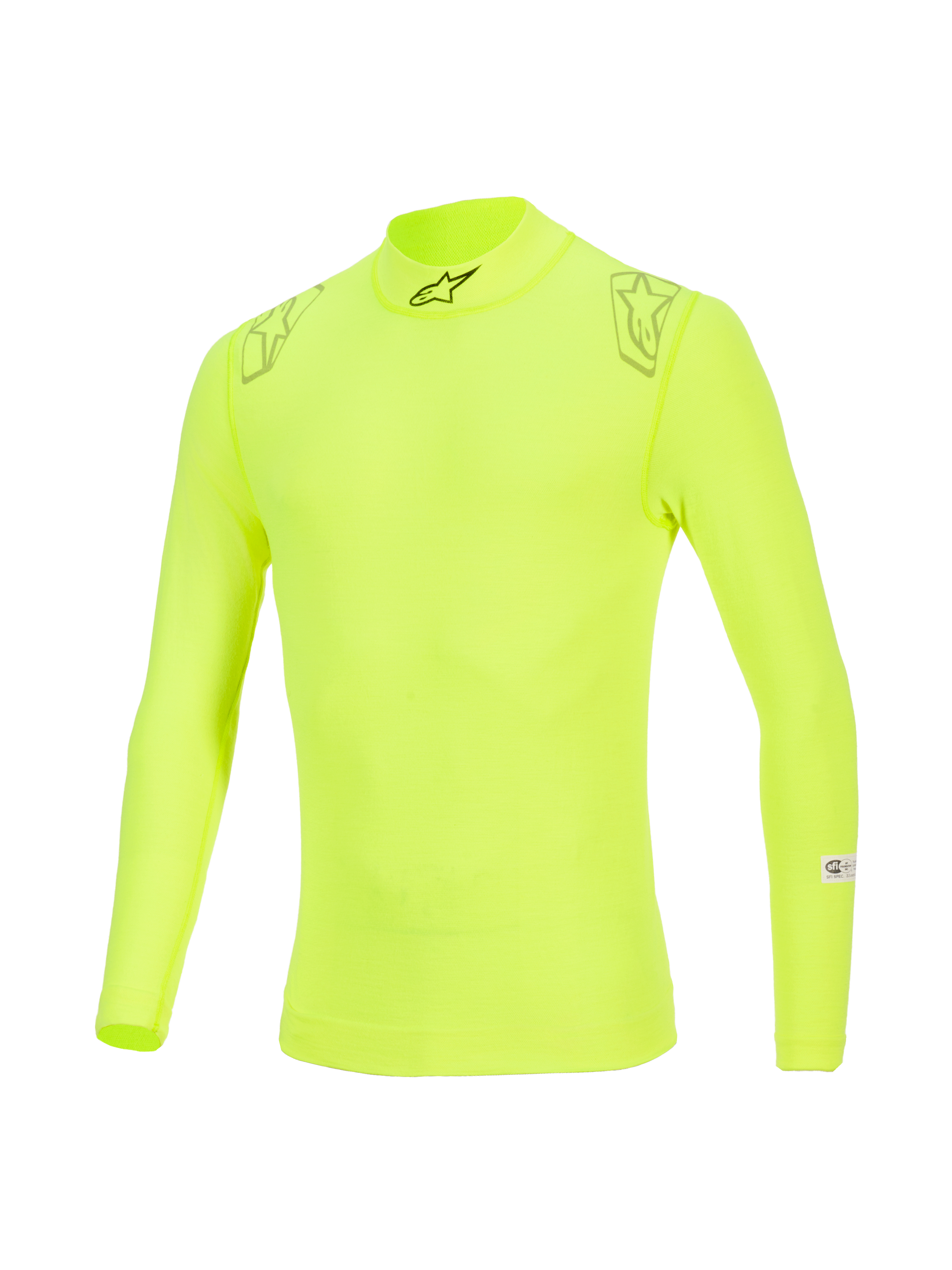 Alpinestars ZX Evo V3 Top, Langarm-Base-Layer, Gelb Fluo, hoher Kragen mit schwarzem Logo, Sternengrafiken auf den Schultern, FIA/SFI-Zertifizierungslabels am Ärmel, technische feuerfeste Motorsport-Unterwäsche