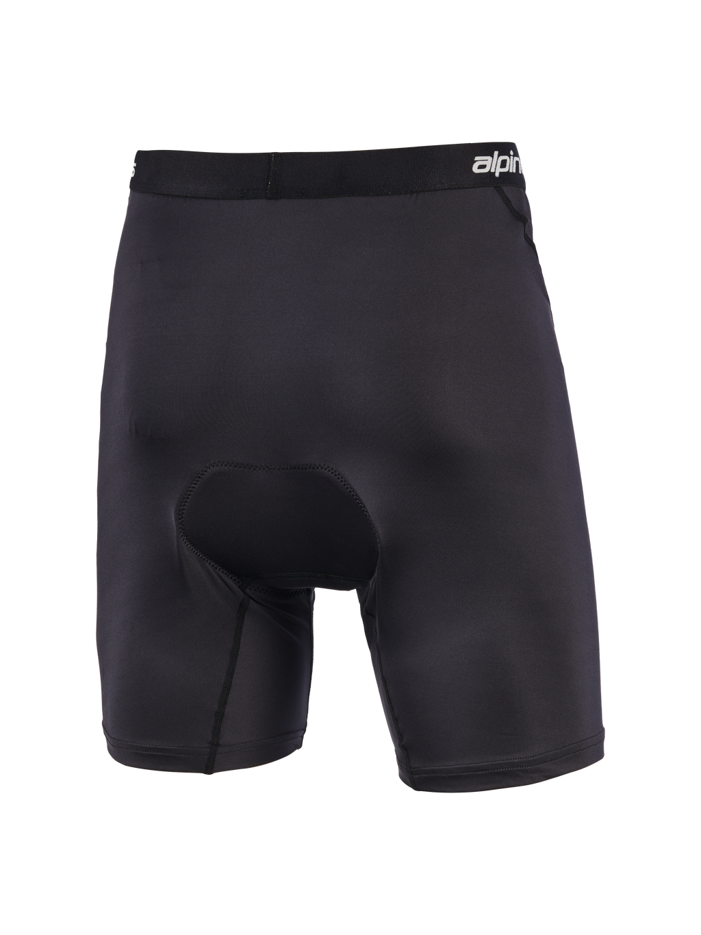 Alpinestars MX Boxer Padded, schwarze gepolsterte Motocross-Funktionsshorts, Rückansicht mit Chamois-Sitzpolsterung mit variabler Dichte, elastischer Bund mit Markenschriftzug, ergonomische Stretch-Konstruktion für hohen Tragekomfort beim Offroad-Fahren