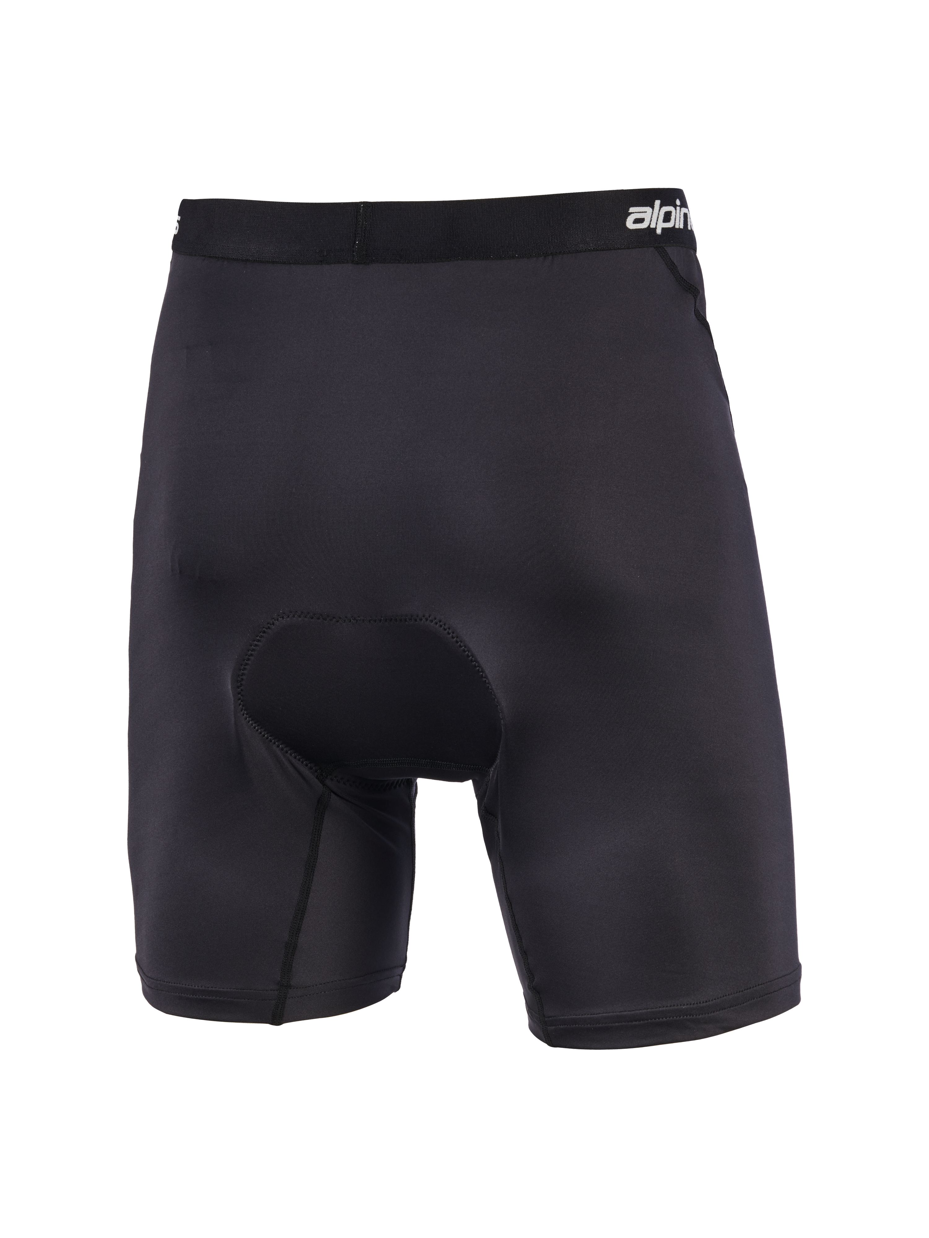 Alpinestars MX Boxer Padded, schwarze gepolsterte Motocross-Funktionsshorts, Rückansicht mit Chamois-Sitzpolsterung mit variabler Dichte, elastischer Bund mit Markenschriftzug, ergonomische Stretch-Konstruktion für hohen Tragekomfort beim Offroad-Fahren