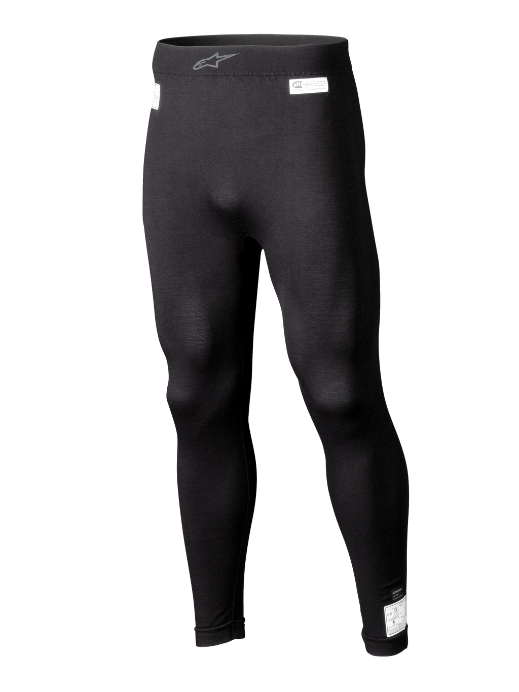 Alpinestars ZX Evo V3 Unterteil, schwarze Motorsport-Base-Layer-Leggings, flammenhemmende Rennunterwäsche, langes Design mit weißen FIA- und SFI-Zertifizierungsetiketten, elastischer Bund mit grauem Astars-Logo, schmale Passform