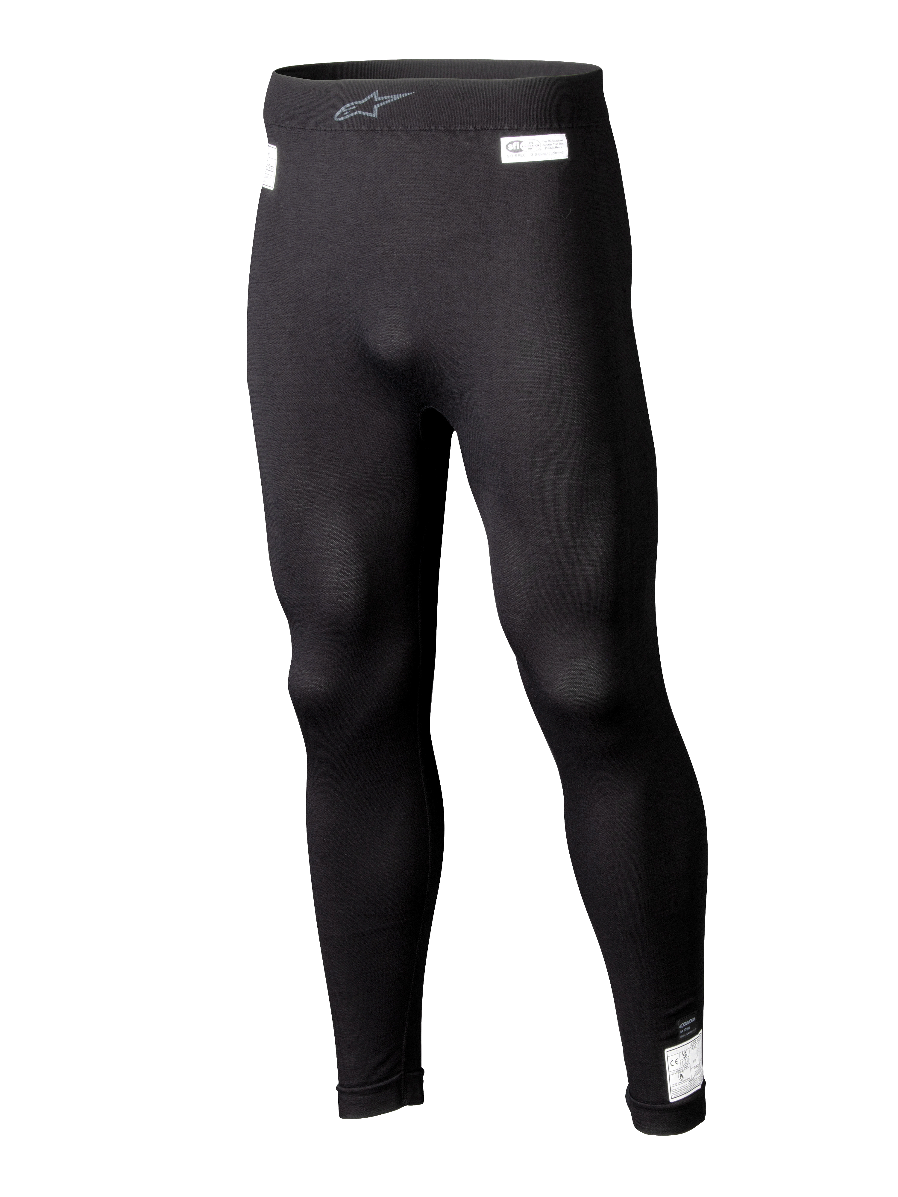 Alpinestars ZX Evo V3 Unterteil, schwarze Motorsport-Base-Layer-Leggings, flammenhemmende Rennunterwäsche, langes Design mit weißen FIA- und SFI-Zertifizierungsetiketten, elastischer Bund mit grauem Astars-Logo, schmale Passform