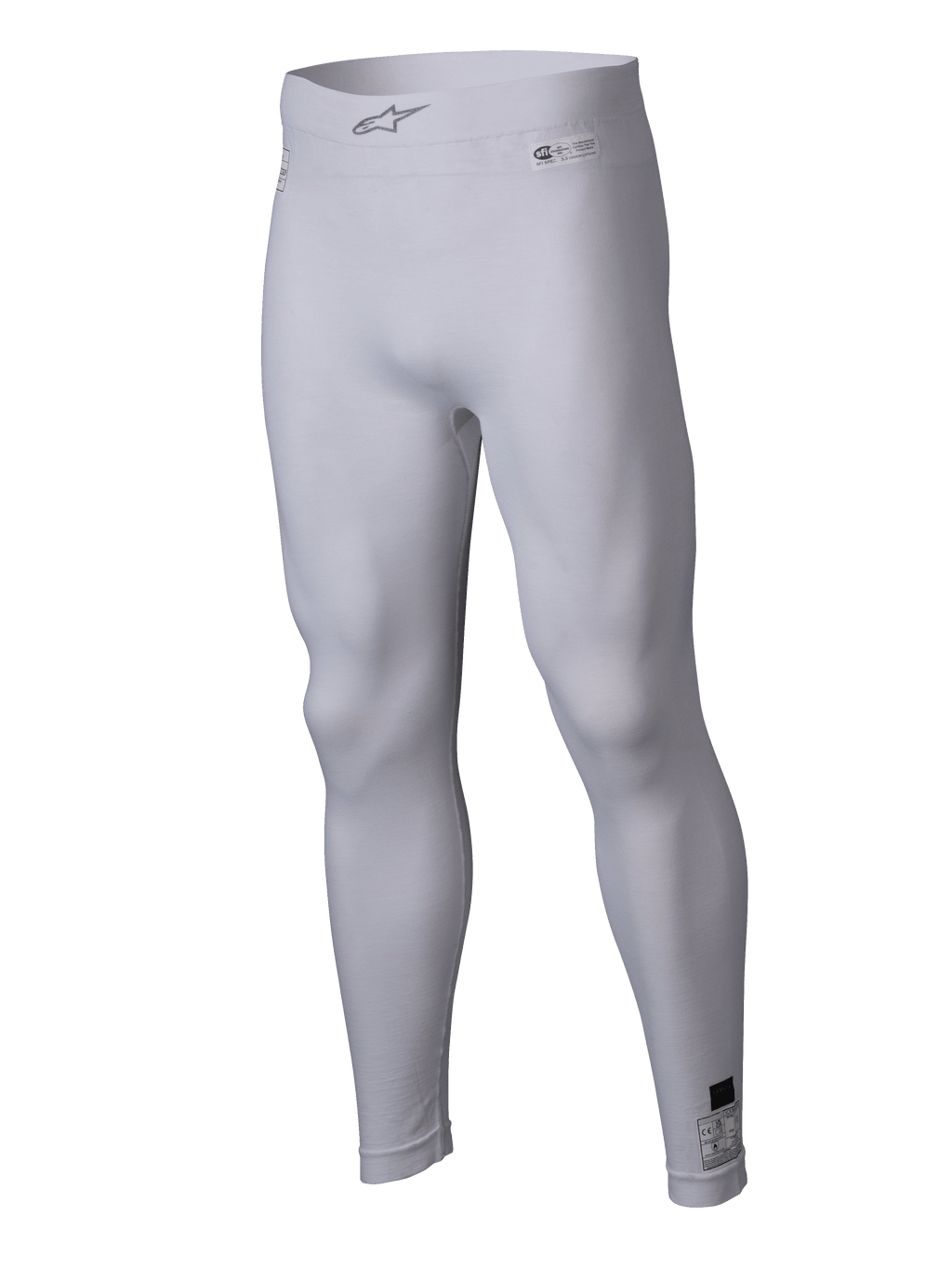 Alpinestars ZX Evo V3 Bottom, weiße Auto-Rennunterhose, flammenresistente Kompressions-Leggings, mit Alpinestars-Logo am elastischen Bund und Zertifizierungsetiketten, leichtes Stretchgewebe für Motorsport-Performance