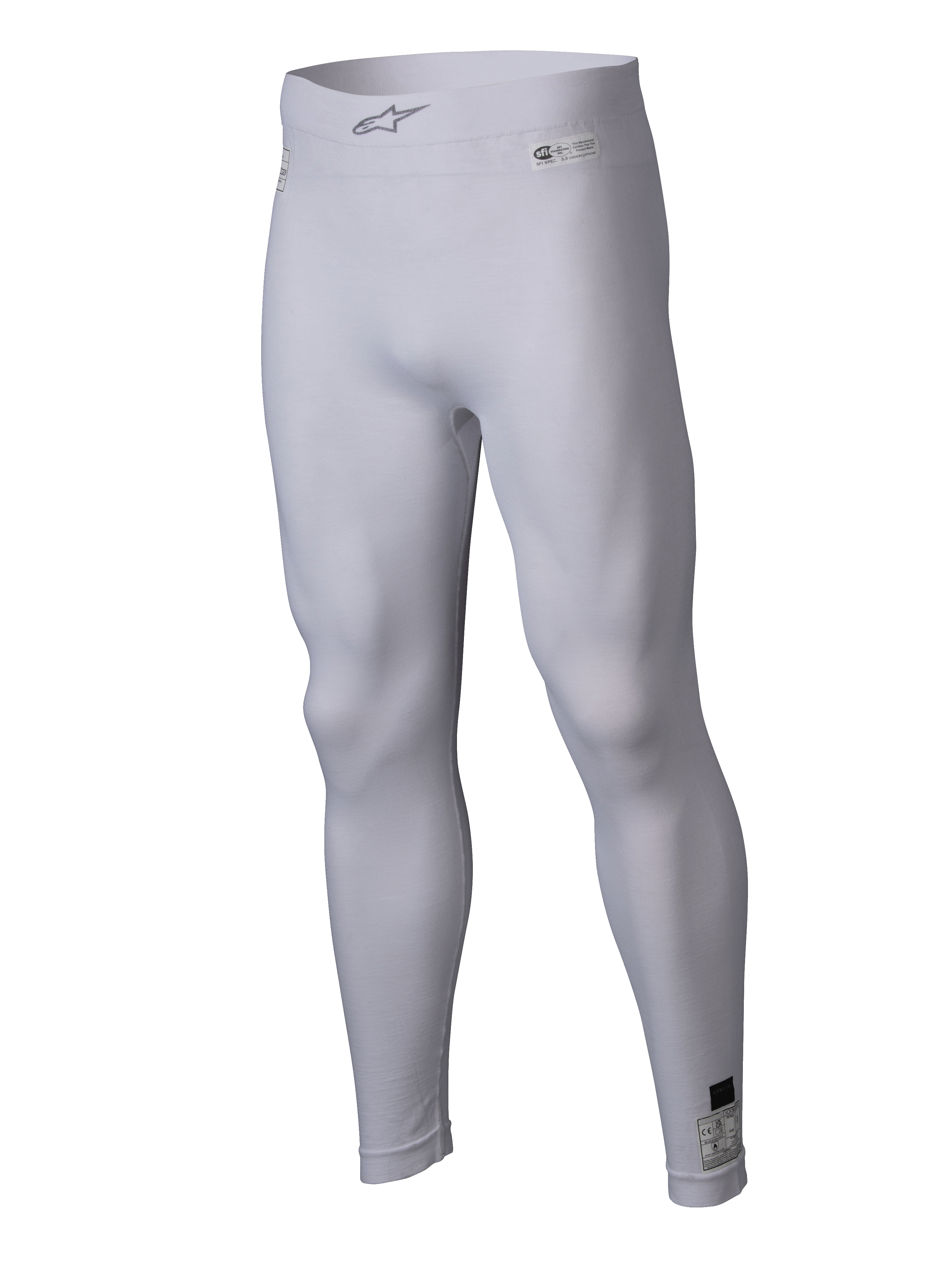 Alpinestars ZX Evo V3 Bottom, weiße Auto-Rennunterhose, flammenresistente Kompressions-Leggings, mit Alpinestars-Logo am elastischen Bund und Zertifizierungsetiketten, leichtes Stretchgewebe für Motorsport-Performance