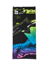 Alpinestars Buff Ignite Neck Tube, black with fluorescent pink, yellow, blue, and purple abstract graphics, featuring the Alpinestars star logo and Buff branding, seamless lightweight neck gaiter for motorcycle riding